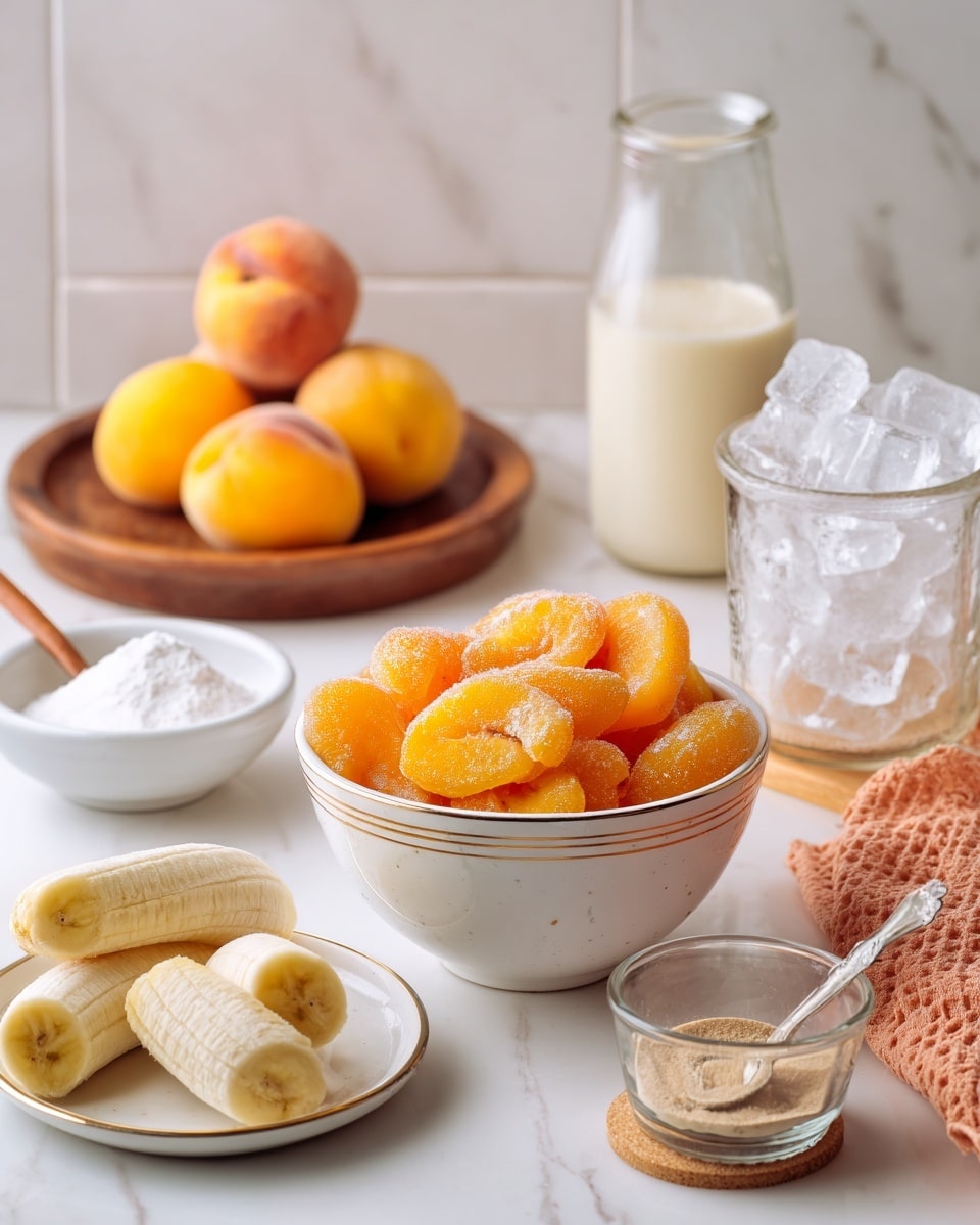 A clear blender cup with a white ribbed base is shown filled with light orange chunks that look like fruit, and thick creamy white liquid is being poured into it from a glass bottle with a metal clasp. The blender blade cover with silver blades and a gray top lies nearby on a light beige marble surface. In the background to the left, there is a bowl with halved peaches, and to the right, there is a white colander with orange pieces inside. The whole scene is set on a white marbled surface. Photo taken with an iphone --ar 4:5 --v 7