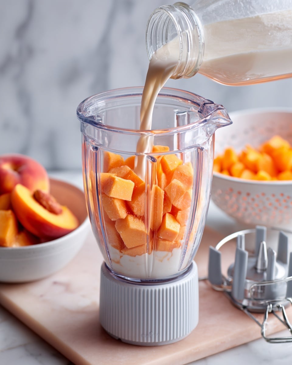 A tall clear glass filled with a creamy peach smoothie showing two main layers: a light orange peach layer swirling with a smooth white layer, creating a flowing marbled effect on the surface. A transparent glass straw is inserted at the top, and the glass stands on a round brown coaster. Around the base, there are fresh peach slices with soft orange and red hues. In the background, a white colander holds more peeled peach slices, sitting on a white marbled surface with a soft light pink and white marbled wall behind. Photo taken with an iphone --ar 4:5 --v 7