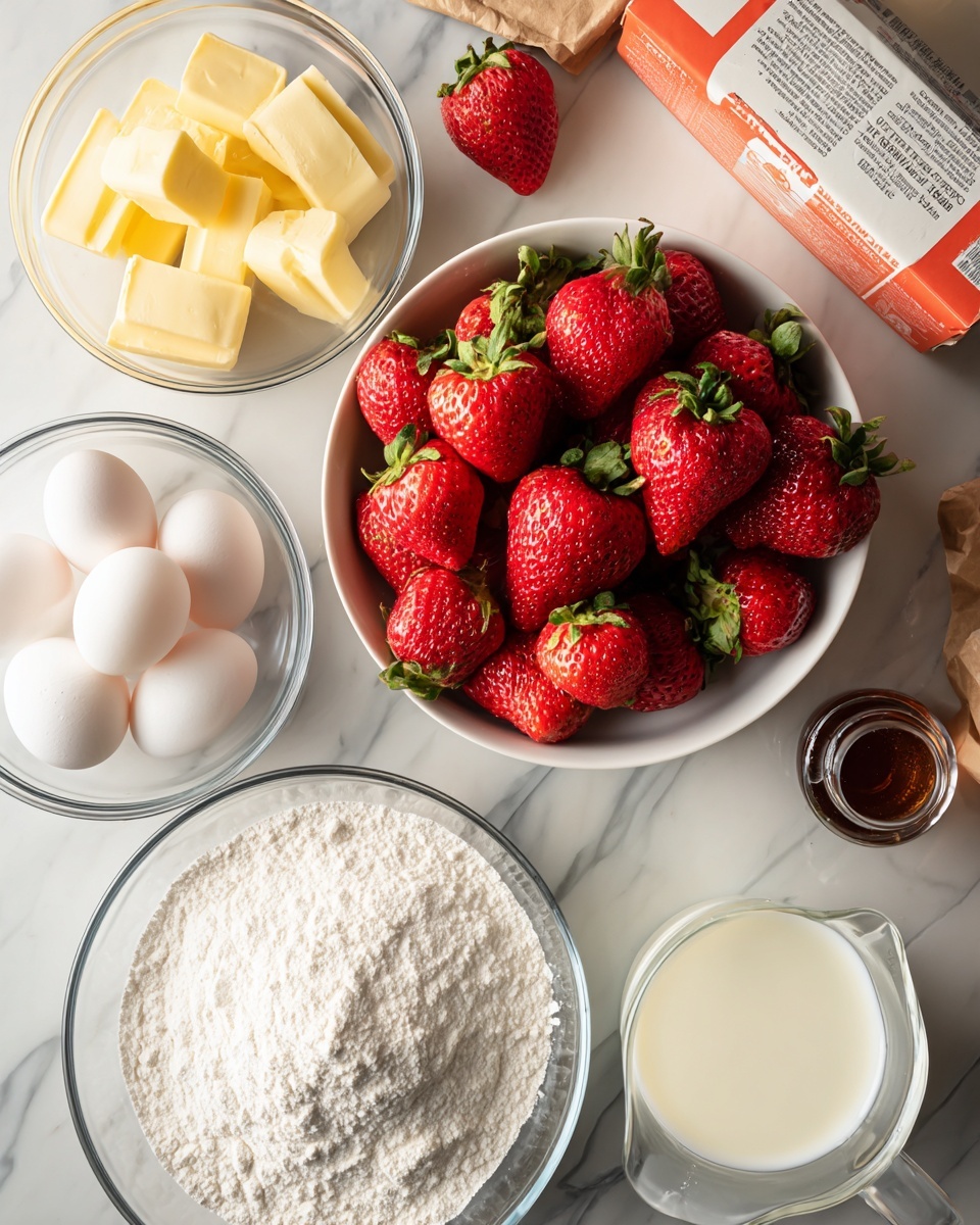 A top view of baking ingredients arranged on a white marbled surface, including a white bowl full of bright red strawberries with green stems in the center, a glass bowl of square pieces of pale yellow butter on the left, another glass bowl holding three white eggs below the butter, a wide white bowl filled with fine white sugar at the bottom, a small glass measuring cup with white milk on the right, a small brown bottle of vanilla extract near the milk, a brown paper bag of all-purpose flour above the strawberries, and an orange and white box of baking soda next to the flour photo taken with an iphone --ar 4:5 --v 7