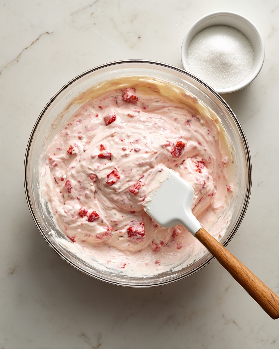 A slice of strawberry cake on a white plate with small dark specks is shown on a white marbled surface. The cake has two pink sponge layers separated by a pink cream layer with visible strawberry pieces inside. The top layer is covered with the same pink cream and decorated with halved fresh strawberries and a small sprig of mint. A silver fork rests on the plate beside the cake slice. Photo taken with an iphone --ar 4:5 --v 7