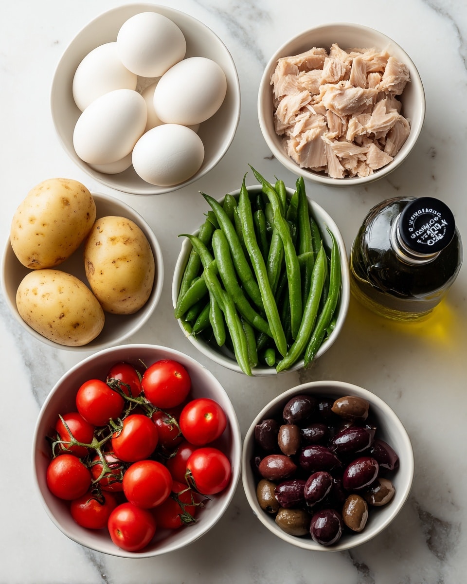 Six white bowls sit on a white marbled surface, each holding different ingredients. The top left bowl holds five white eggs with smooth shells. To its right, a bowl contains pale pink chunks of tuna with a soft texture. Below the eggs, there is a bowl with three light brown potatoes, smooth and round. Next to it, a bowl is filled with fresh green beans, long and slender. At the bottom left, a bowl holds seven small bright red tomatoes with green stems. To the right, a bowl contains many shiny black olives. A dark glass bottle of extra virgin olive oil with a black cap and white label stands beside the bowls. Photo taken with an iphone --ar 4:5 --v 7