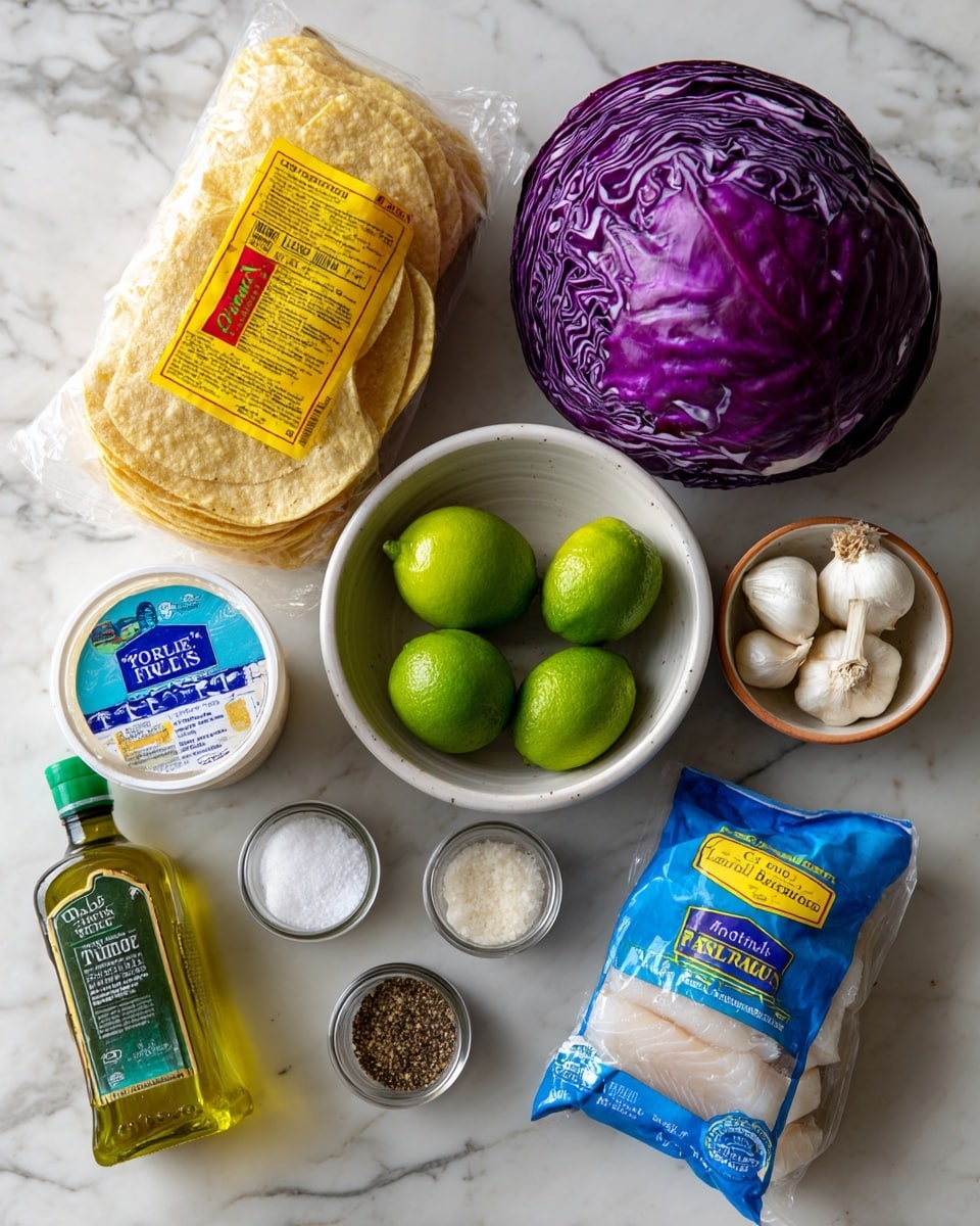 The image shows a collection of ingredients laid out on a white marbled surface, including a clear plastic package of yellow corn tortillas with yellow and red labels at the top center, a whole head of purple cabbage on the right, three bright green limes in a white bowl with a light brown rim near the top left, and a smaller white bowl with light brown rim holding five garlic cloves just below the lime bowl. Below these are a white container of sour cream with blue and white labeling on the left, next to three small glass spice jars labeled smoked paprika, cumin seed, and ground black pepper from left to right, and a small white bowl with coarse salt further right. At the bottom, there is a clear bottle of olive oil with a green cap on the left, and a blue package of frozen tilapia fillets with white and blue labeling on the right. photo taken with an iphone --ar 4:5 --v 7