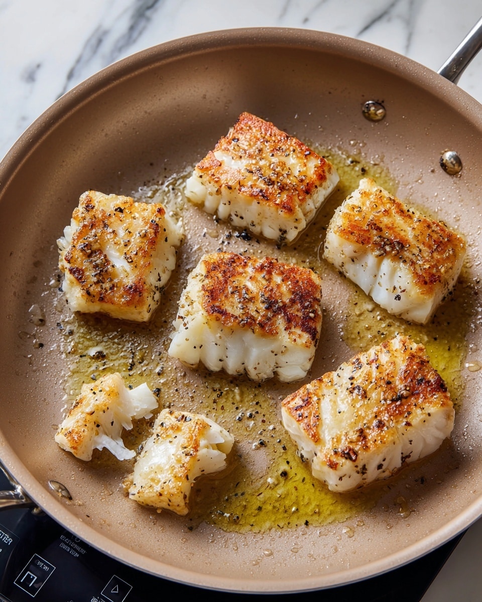 In a light brown frying pan, there are five pieces of cooked white fish with a golden-brown crust on top showing light grill marks and some black pepper seasoning. One piece is broken into small chunks, revealing moist, flaky white fish inside. The pan has a thin layer of yellow cooking oil pooling around the fish. The pan sits on a black stove with a digital control panel, all on a white marbled surface. photo taken with an iphone --ar 4:5 --v 7