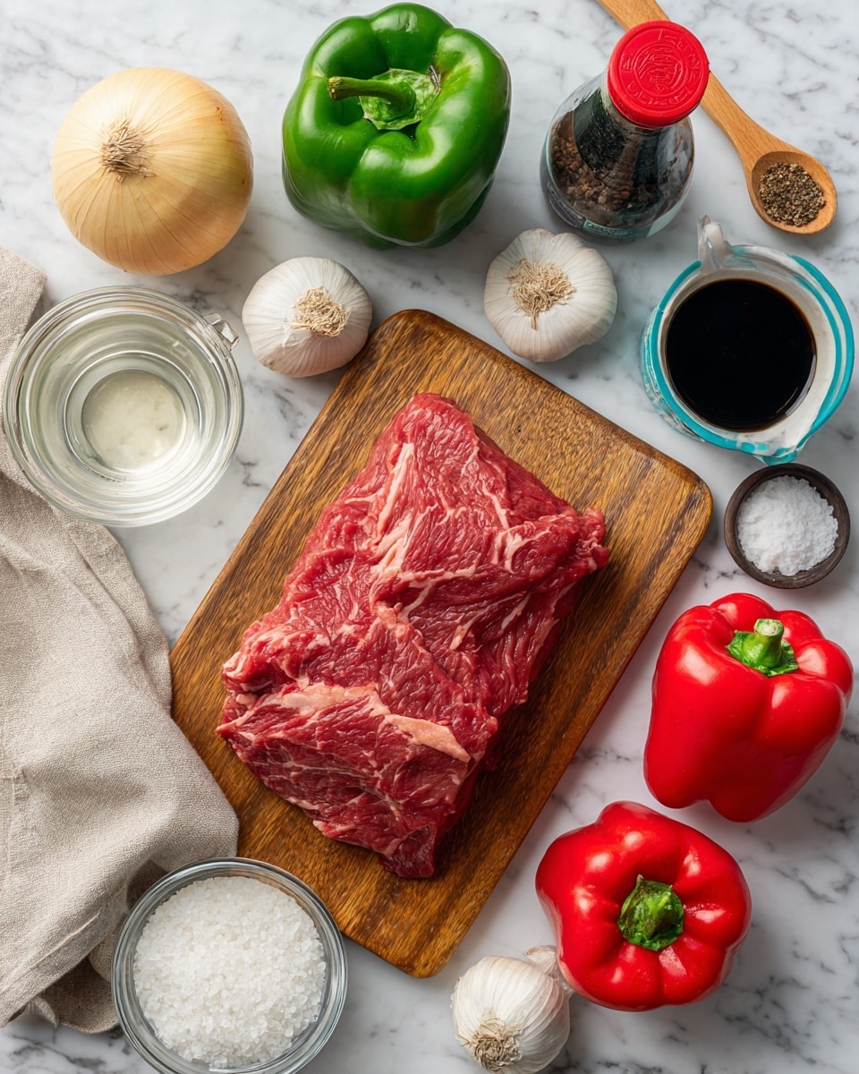 A wooden cutting board sits on a white marbled surface with a package of marbled top sirloin steak placed on it, showing rich red meat with white fat veins. Around the board, there is one green bell pepper to the upper left and one red bell pepper below it, both shiny and smooth. Two whole garlic bulbs are placed near the top and bottom right corners of the board, showing off their white papery skin. To the left of the cutting board, there is a whole white onion with smooth skin. On the white marbled surface below, a glass measuring cup filled with a clear liquid is placed. A small bowl containing white coarse salt and another small bowl with cracked black pepper sit next to the measuring cup. To the right side of the cutting board, a blue and white container of corn starch and a dark bottle of soy sauce with a red cap are placed side by side. A beige linen cloth and a wooden spoon lie at the top left corner of the image. Photo taken with an iphone --ar 4:5 --v 7