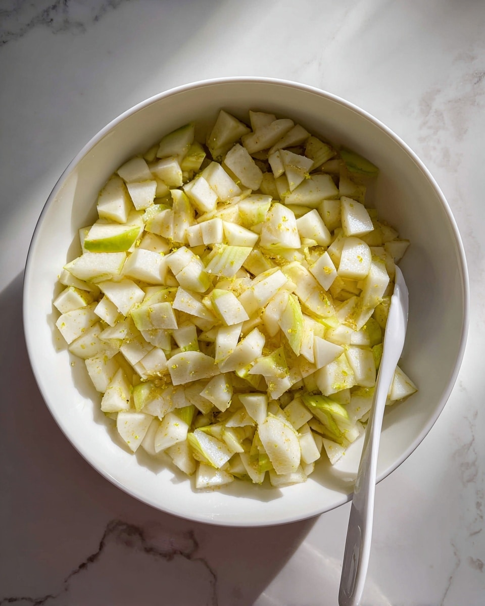 A large white bowl filled with many small, chopped pieces of light yellow and white pear with bits of greenish-yellow skin scattered evenly throughout. Inside the bowl, a white spoon rests on the right side, partially submerged in the fruit. The bowl is placed on a surface with a white marbled texture, and soft natural light casts a shadow on the left side of the bowl. photo taken with an iphone --ar 4:5 --v 7