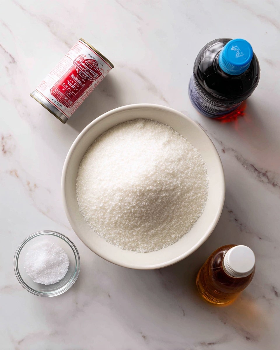 A white bowl filled with a mound of white powdered substance sits on a white marbled surface, surrounded by a small clear glass bowl of white granulated powder, a cylindrical tin can with red and white label of sweetened condensed milk, a dark amber plastic bottle of syrup with a blue cap, and a small brown glass bottle of vanilla extract with a white cap. The items are spread out evenly with clear visibility, creating a clean and simple scene. photo taken with an iphone --ar 4:5 --v 7