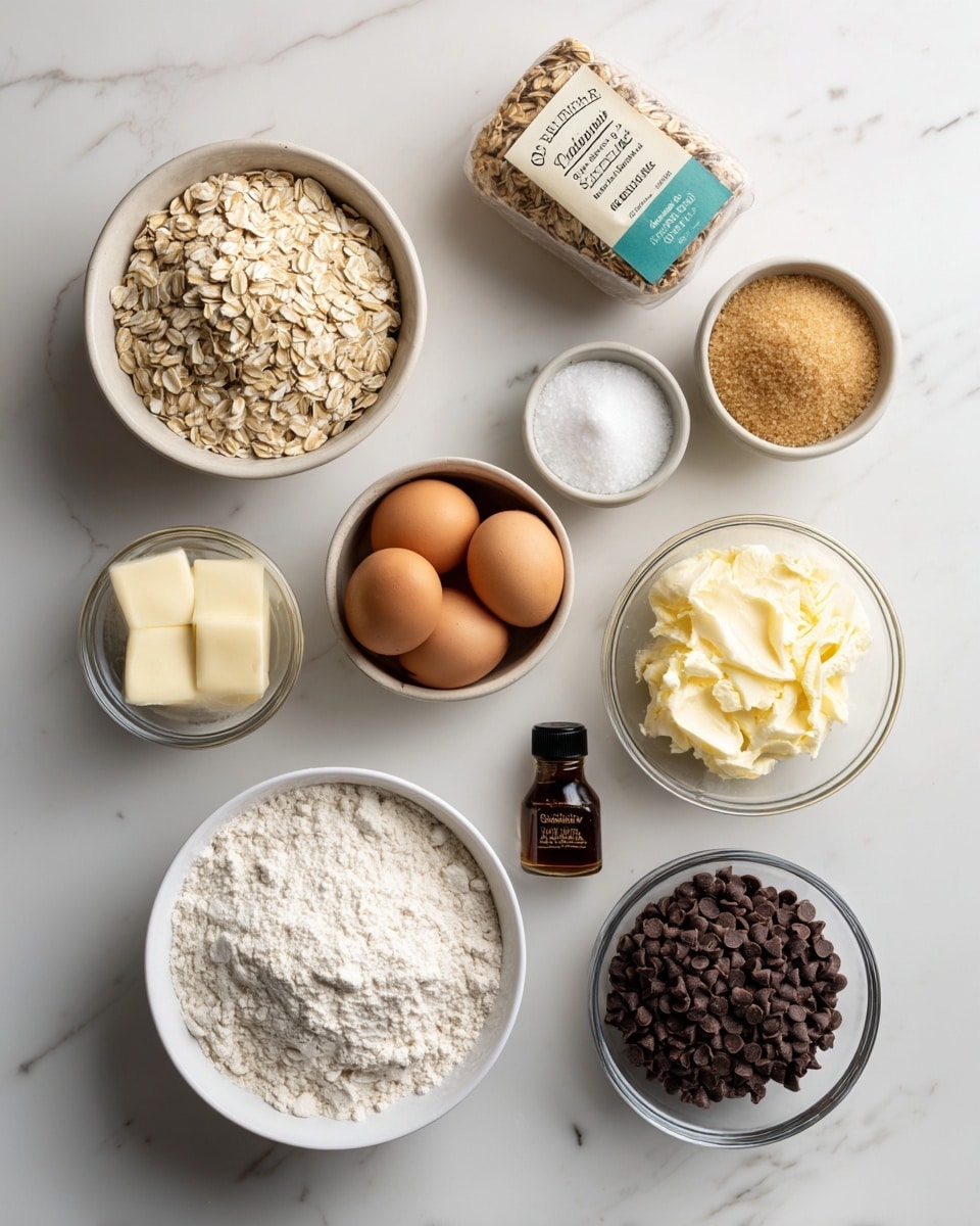 The image shows a top-down view of baking ingredients neatly arranged on a white marbled surface. There is a white bowl filled with light flour at the bottom left, next to a small clear glass jar with white baking soda. Above the flour bowl, a small light bowl holds white salt. To the right, a clear glass bowl is filled with dark brown chocolate chips. Above the chips is a white bowl holding five brown eggs. Near the top, a clear glass bowl contains creamy pale yellow butter. Next to it, a clear glass cup is filled with packed brown sugar. Above the sugar, a large container of old-fashioned oats leans with a colorful label. To the left side, a small bottle of pure vanilla extract with a black cap sits near the salt. All items are spread out evenly, creating a balanced and tidy layout. Photo taken with an iphone --ar 4:5 --v 7