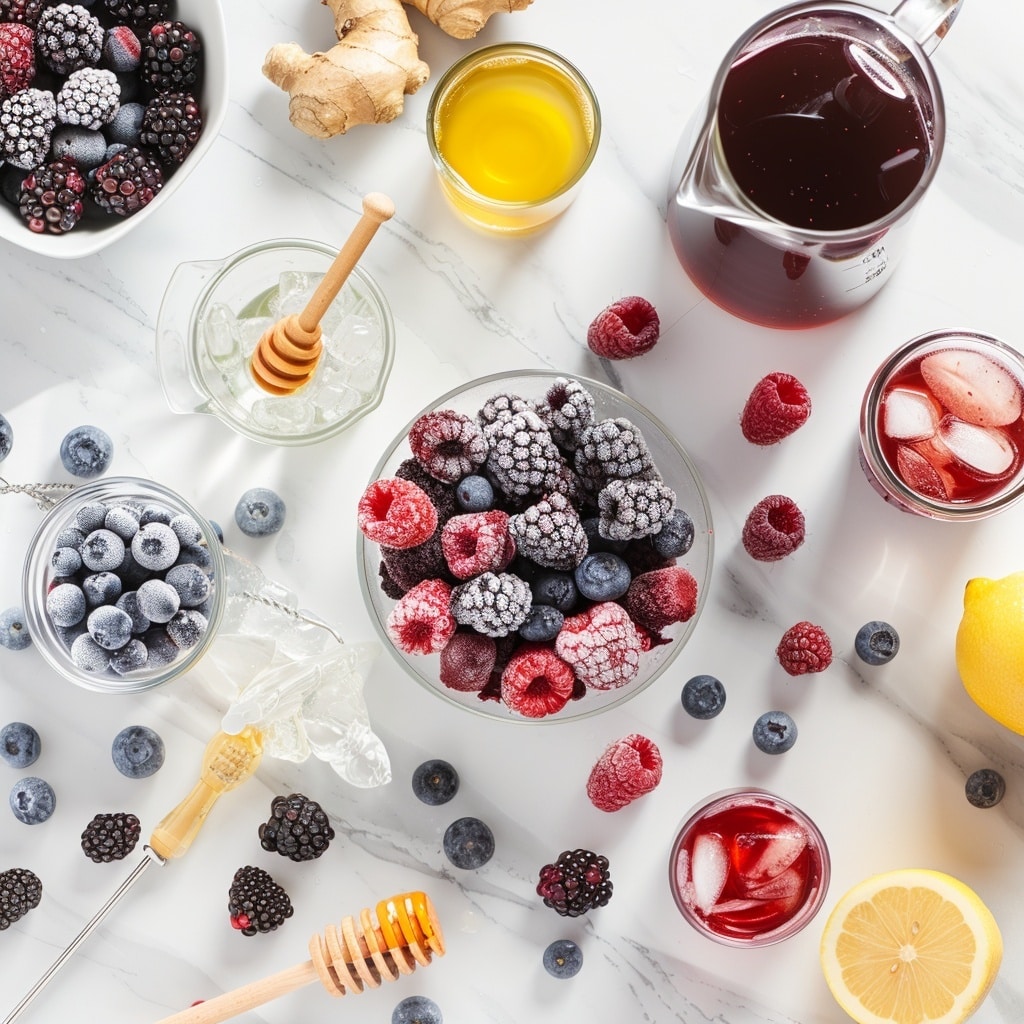 A clear blender jar is seen from above, filled with various ingredients. At the bottom layer, there is a mix of dark purple and red liquid from berries. On top, there are whole frozen berries in red, black, and blue colors scattered around, mostly on the right and left sides. A large white slice of ginger is placed on the left side inside the jar. The blender jar has a black handle and sits on a white marbled surface. photo taken with an iphone --ar 4:5 --v 7