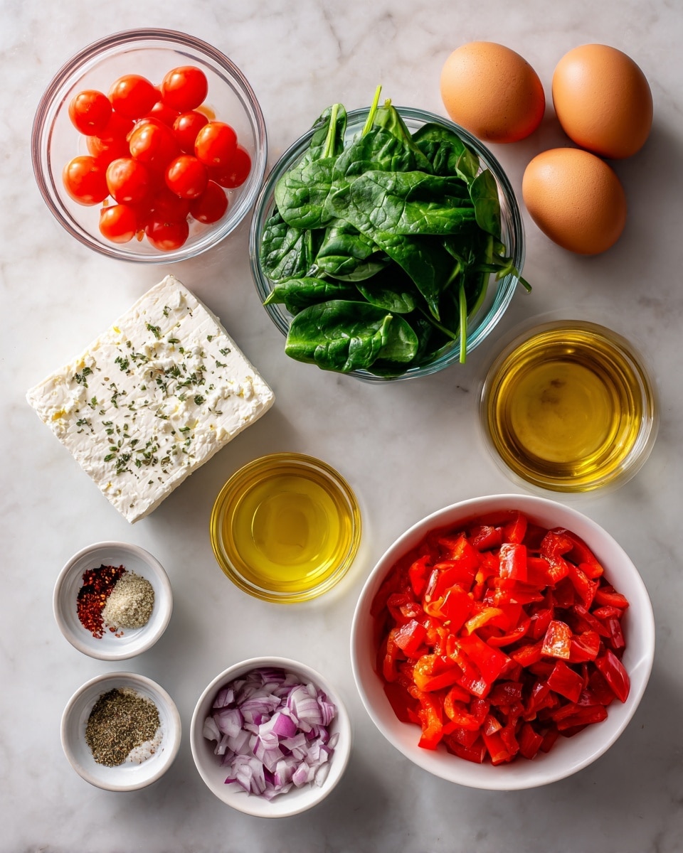 The image shows various cooking ingredients arranged neatly on a white marbled surface. There are four whole brown eggs in the top right corner, a clear glass bowl filled with small red cherry tomatoes in the top left, and another clear glass bowl with fresh green spinach leaves below the eggs. To the right of the spinach is a small clear bowl of golden olive oil, and next to it is a clear bowl of chopped red onions. A block of feta cheese wrapped in packaging is placed on the bottom left. Below the spinach and cheese, there is a small white bowl with mixed spices, including salt, black pepper, chili flakes, and dried herbs, and next to it is a tiny bowl with minced garlic. Finally, a large white bowl filled with finely chopped red bell peppers is positioned at the bottom right. Photo taken with an iphone --ar 4:5 --v 7