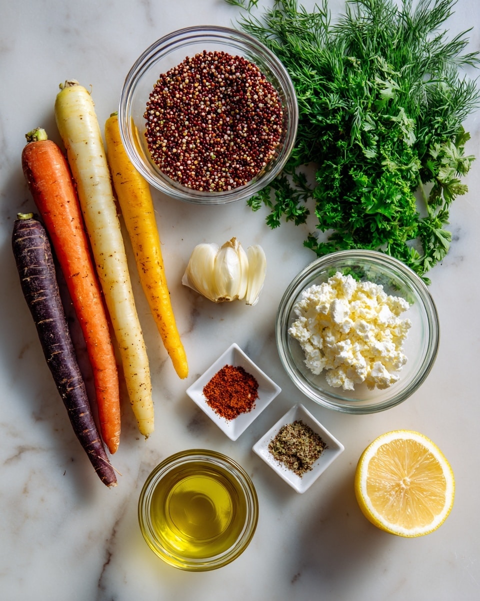 The image shows an assortment of cooking ingredients laid out on a white marbled surface. On the left, there are five whole carrots in different colors: orange, purple, and pale yellow. To the top right of the carrots is a round clear glass bowl filled with small red quinoa. Above it is another round clear glass bowl filled with fresh green herbs, including parsley and dill. To the right of the quinoa is a small round clear bowl with crumbled white cheese. Below that is a small round clear bowl of minced garlic and a square white dish with two piles of spices – one red and one white. At the bottom center is a small clear glass cup with golden olive oil. Finally, on the bottom right is half a lemon with pale yellow flesh. Photo taken with an iphone --ar 4:5 --v 7