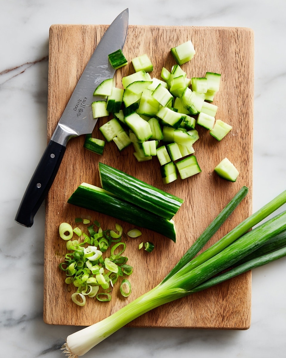 On a wooden cutting board placed on a white marbled surface, there are pieces of sliced cucumber and chopped green onions. The cucumber is cut into small cubes and placed beside a stainless steel knife with black handle, which has some cucumber pieces on its blade. On the board, there are also two longer sections of cucumber that are uncut. Below the knife, there are thin rings of green onions, varying from light green to dark green. A whole green onion lies diagonally across the bottom right corner of the cutting board. The image shows a clean, fresh preparation scene. Photo taken with an iphone --ar 4:5 --v 7