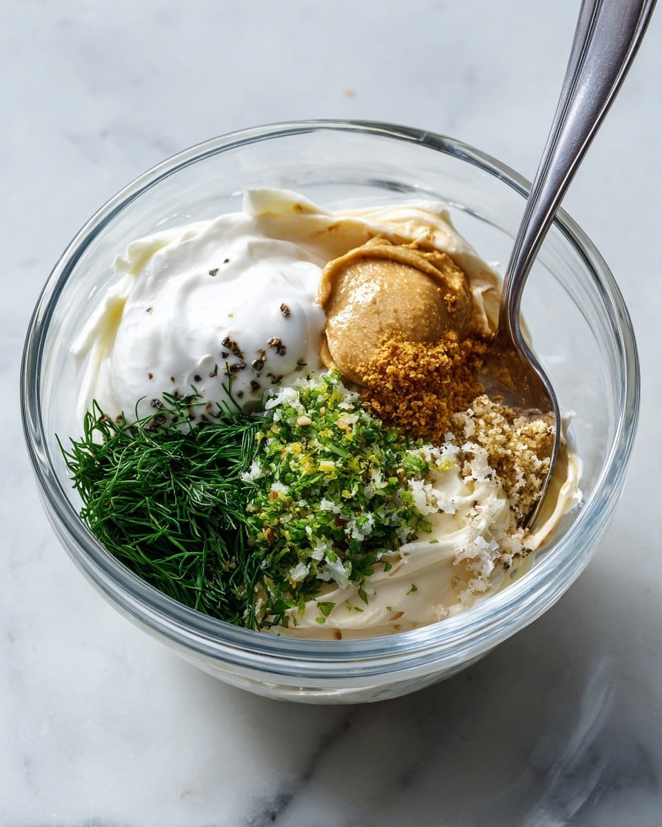 A clear glass bowl sits on a white marbled surface with a shiny spoon behind it. Inside the bowl, layers of ingredients form a colorful mix: a dollop of white creamy yogurt or sour cream on the left, bright green chopped fresh dill below it, a light brown smooth mustard paste in the middle, and a creamy pale mayonnaise on the right. Above the mayonnaise is a layer of finely grated green zest, possibly lime, and there are small bits of minced garlic near the center. Tiny black pepper specks are scattered over the white cream. The ingredients are separated but close, ready to be mixed together. photo taken with an iphone --ar 4:5 --v 7