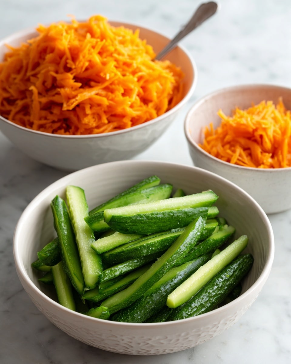 The image shows three white bowls placed on a white marbled surface. The closest bowl is filled with long, thin cucumber sticks that are bright green with a slightly shiny texture. Behind it, there is a larger white bowl filled with finely shredded, bright orange carrots that have a soft and fluffy texture. To the left, there is a smaller empty white bowl with a silver spoon inside it. The bowls appear simple and clean with subtle patterns on their surface. photo taken with an iphone --ar 4:5 --v 7