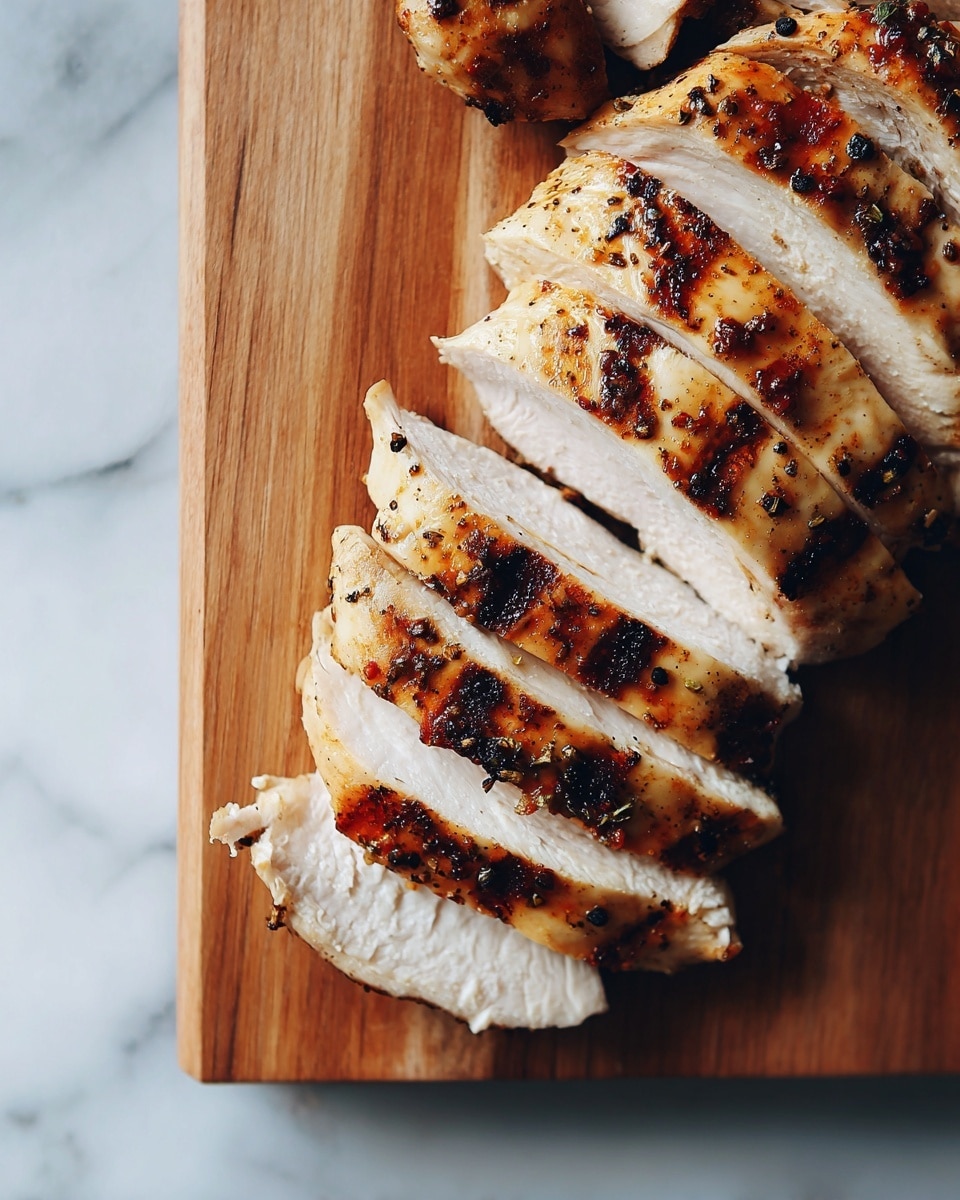 A wooden cutting board sits on a white marbled surface holding layers of sliced grilled chicken. The chicken layers are light brown with darker grill marks and small black pepper spots, with the slices placed in a loose row showing the juicy white inside of the meat. The texture looks tender with a slight shine on the grilled surface. Photo taken with an iphone --ar 4:5 --v 7