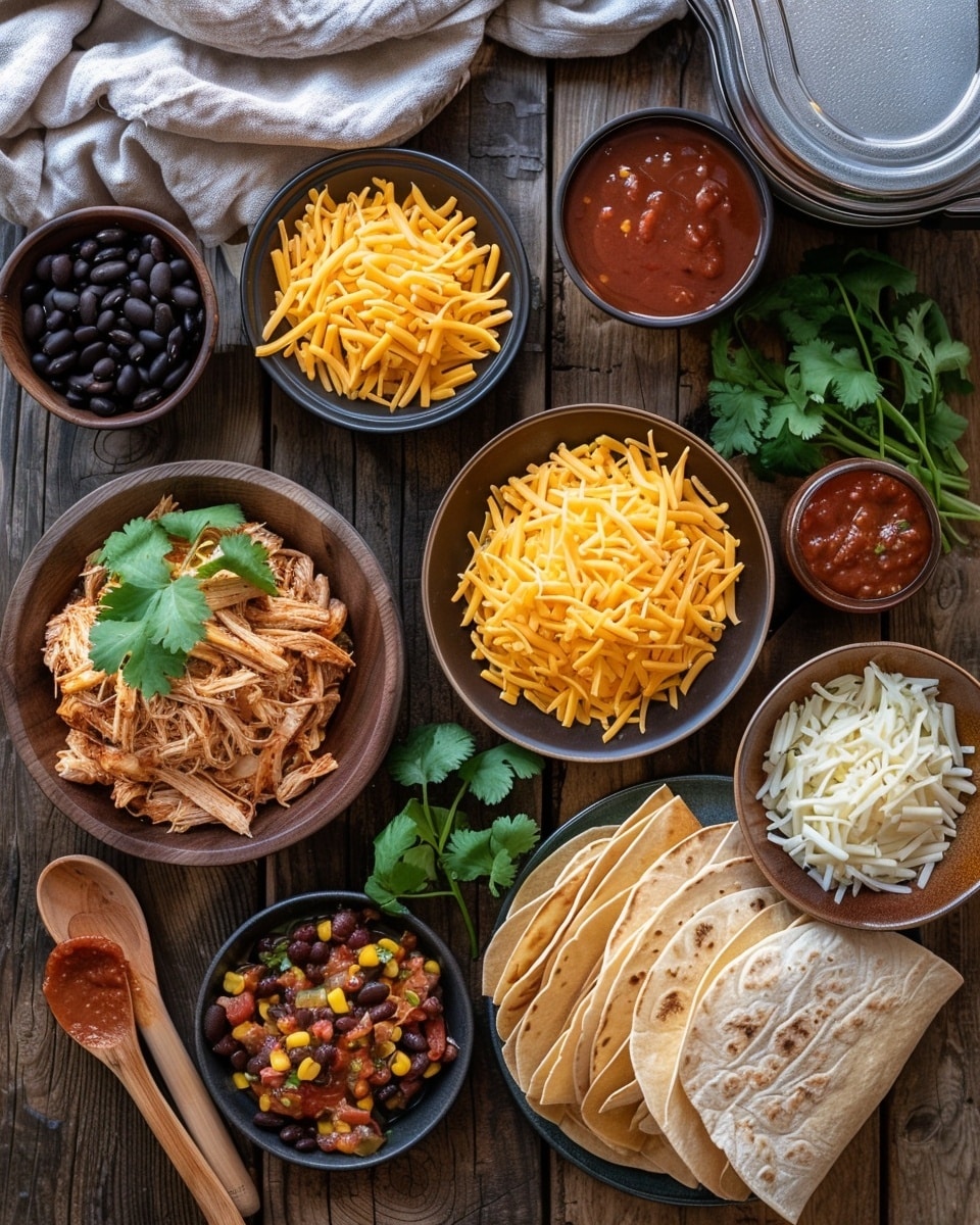 A white bowl on a white marbled surface holds a colorful layered dish. The base layer consists of golden, crispy chips. On top of the chips, there is shredded light brown chicken mixed with melted yellow cheese, black beans, and bits of yellow corn. A dollop of white sour cream sits in the middle, garnished with two bright red tomato slices and two green jalapeño slices. Green chopped herbs are sprinkled all over the dish, adding color contrast. A silver fork rests on the right side inside the bowl. In the background, blurry red tomatoes and a white bowl with green sauce are visible. Photo taken with an iphone --ar 4:5 --v 7