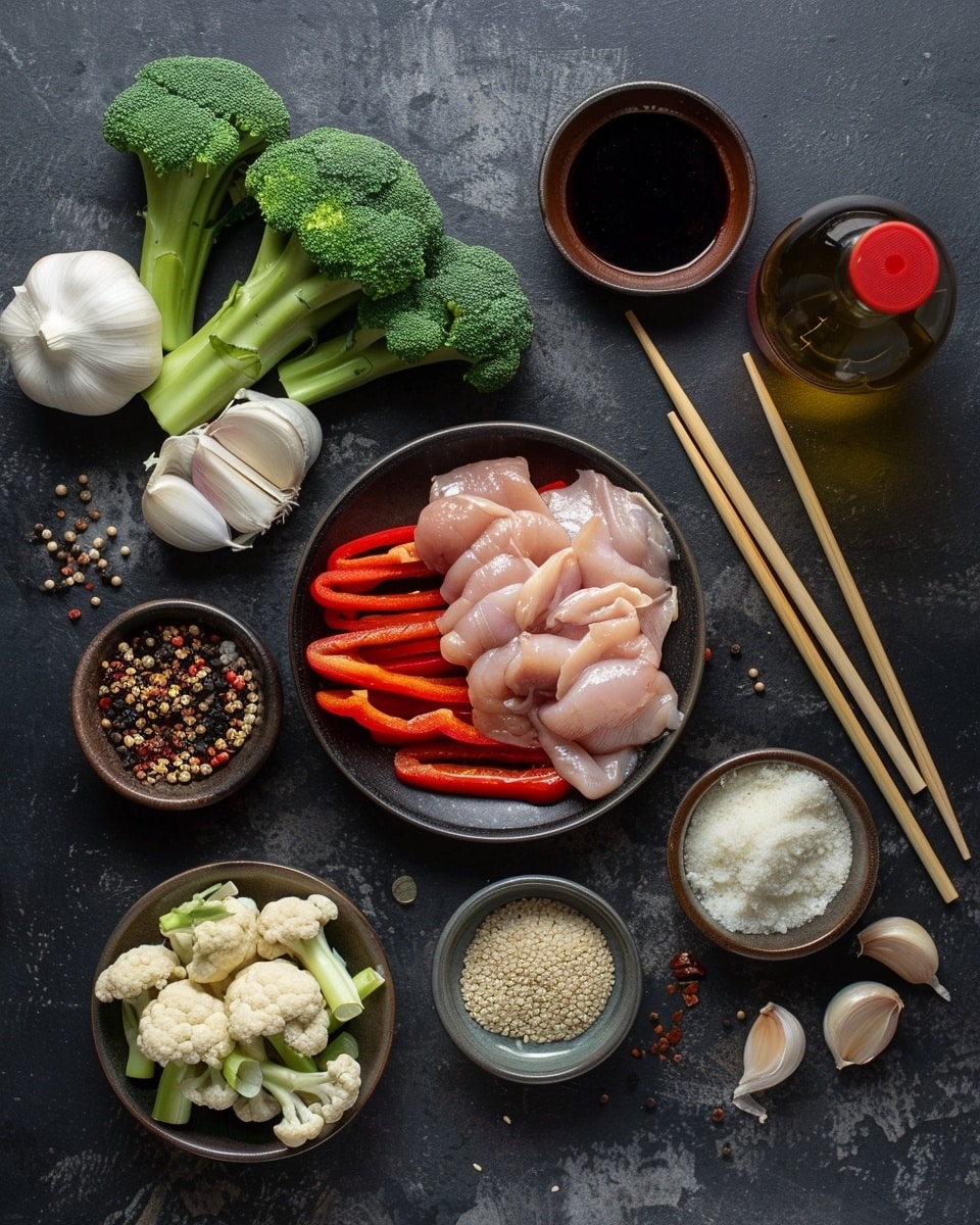 The dish shows a close-up of a stir-fry in a shiny red pan on a white marbled surface. It has three main layers: bright green broccoli florets scattered near the top and middle, orange-red strips of bell pepper mixed throughout, and light brown, glossy slices of cooked chicken spread all over with a slight glaze. There are also creamy white pieces of cauliflower mixed among the vegetables and chicken. The mix looks seasoned with small black pepper specks on top and a rich sauce coating the chicken and vegetables, creating a shiny texture. The overall look is warm with vibrant colors on a red pan with visible handles, and the background is clean, white marble. Photo taken with an iphone --ar 4:5 --v 7