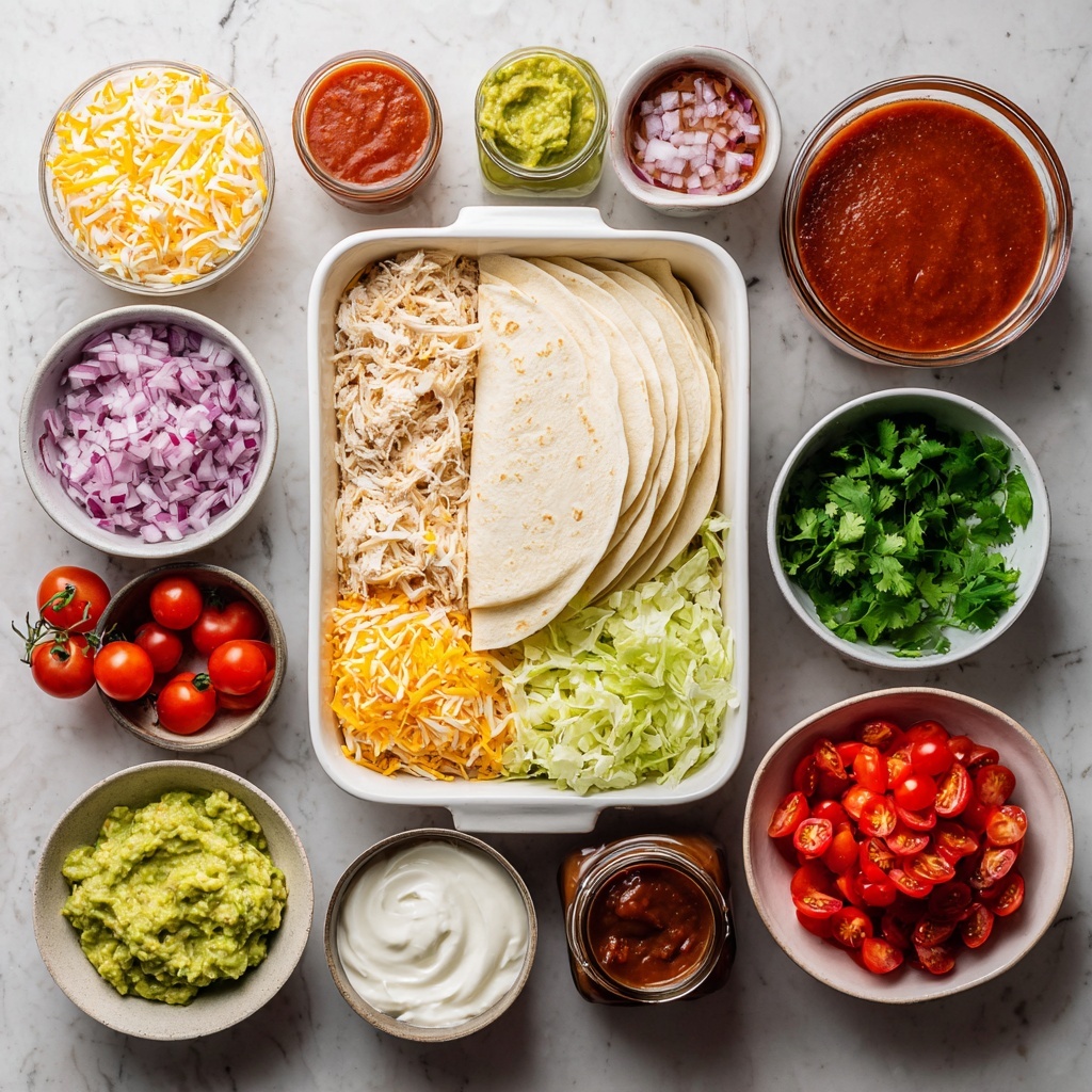 The image shows four steps of making a rolled tortilla dish arranged in a 2x2 grid on a white marbled surface. The top-left shows a clear glass bowl with shredded light-colored chicken mixed with green herbs and a thick, bright red tomato sauce on one side, with a white spatula inside. The top-right shows two white flour tortillas flat on the white marbled surface, each with a mound of creamy chicken and herb mixture in the center. The bottom-left shows a white rectangular baking dish filled with neatly rolled tortillas placed side by side in two rows, all light beige in color. The bottom-right shows the same baking dish now topped with a layer of bright orange sauce and sprinkled with shredded yellow cheese over the tortillas. Photo taken with an iphone --ar 4:5 --v 7