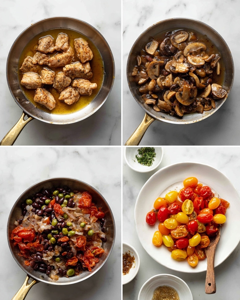 The image shows four steps of cooking in a round metal pan with a gold handle on a white marbled surface. In the top left, four pieces of cooked light brown chicken with some seasoning sit in the pan with a shiny olive oil base. In the top right, sliced browned mushrooms with a soft texture fill the pan as amber broth is poured in. In the bottom left, a mix of dark brown beans, red chopped tomatoes, pale green capers, and small bits of purple onion rest on top of the mushrooms in the pan. In the bottom right, the same bean and mushroom mix fills the pan, now topped with red, yellow, and orange grape tomatoes, while cooked chicken pieces rest on a white plate nearby. Small white bowls with ingredients and a wooden spatula sit beside the pan. Photo taken with an iphone --ar 4:5 --v 7
