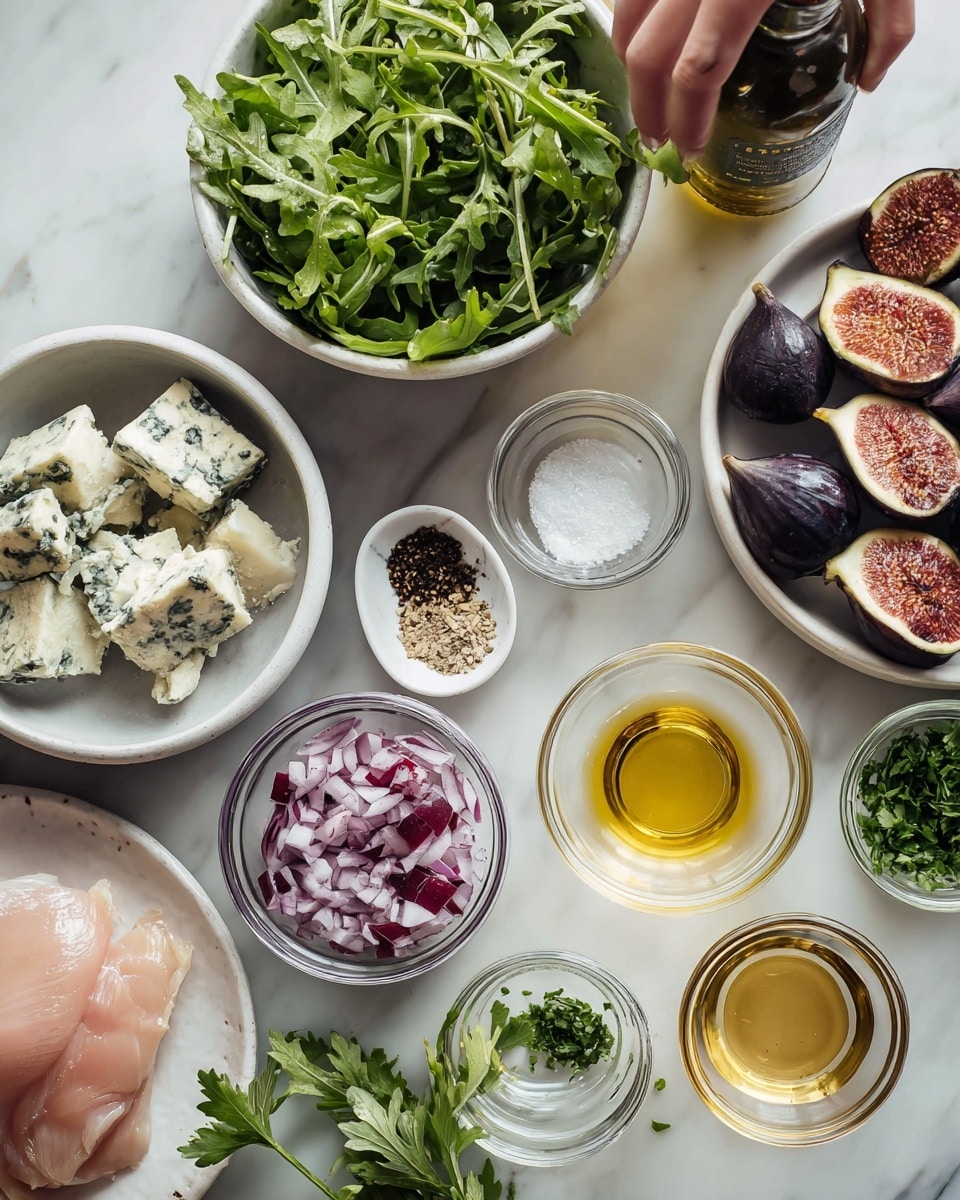 A white plate filled with a colorful layered salad starting with a base of fresh green arugula leaves. Scattered on top are golden-brown grilled halloumi cheese slices with light grill marks, crisp reddish-brown bacon strips layered around the cheese, and halved fresh figs showing a rich purple skin and a soft, seeded light brown interior. Small dollops of pale blue cheese are sprinkled throughout, adding texture. The whole dish sits on a white marbled surface. photo taken with an iphone --ar 4:5 --v 7