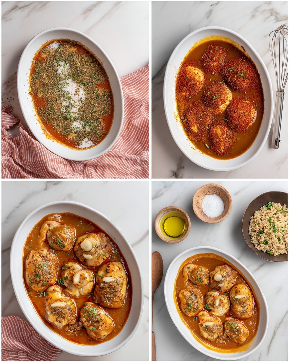 A white oval dish shown in four stages of cooking chicken in sauce, placed on a white marbled surface with a pink-striped cloth beside it. The first image shows dry spices layered on the empty white dish, with green dried herbs on the top left, some red powder on the top right, and sauces in red and yellow streaks at the bottom right. The second image shows the spices mixed into a smooth light brown sauce filling the dish. The third image has many raw chicken pieces, pale pink with some bones, covered in the light brown sauce with herbs scattered throughout. The fourth image shows the chicken cooked fully, with a rich reddish-brown sauce bubbling around the golden-brown chicken pieces. On the top right near the dish are small bowls with herbs and oil, a metal whisk, salt and pepper shakers, a dark ceramic plate with a bronze fork and knife, and a brown bowl of grains garnished with green herbs. Photo taken with an iphone --ar 4:5 --v 7