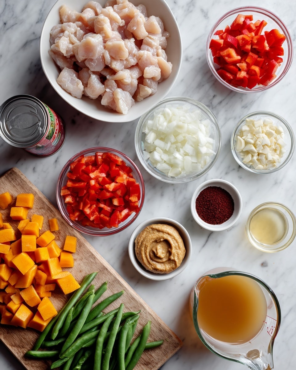 The image shows a flat lay of various fresh ingredients arranged neatly on a white marbled surface. At the top center, there is a white bowl filled with raw, pale pink pieces of chicken. Surrounding it are several small clear glass bowls holding diced red bell peppers, chopped white onions, and a scoop of peanut butter, each displaying vibrant colors and smooth textures. A white dish contains minced garlic, and a white bowl holds a dark red powder mixed with white granules. There is also a clear measuring cup filled with light golden broth placed near the center. A wooden cutting board to the left is covered with bright orange cubed squash and fresh green beans. There is a can partially opened with red diced tomatoes inside, and a small glass cup with a light yellow liquid. The scene is clean and colorful, with a variety of textures from smooth liquids to chunky vegetables. Photo taken with an iphone --ar 4:5 --v 7