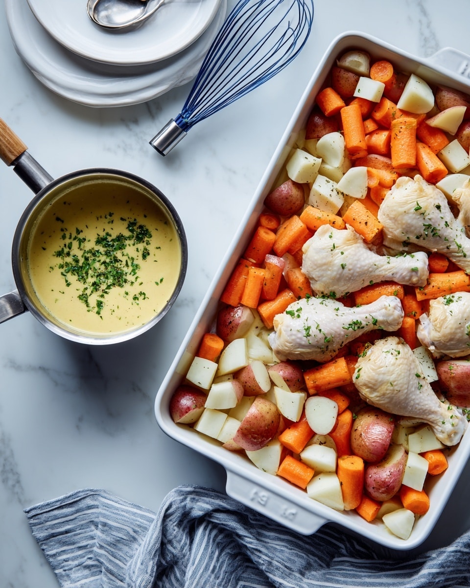 A white cooking tray filled with chopped vegetables forms the first layer, featuring orange carrots, red-skinned round potatoes, and white parsnips, all cut into chunky pieces and spread evenly. Another white cooking tray shows the same vegetables with six uncooked chicken drumsticks placed on top, each crème-colored with a raw texture, arranged closely together. A small silver saucepan holds thick light yellow sauce topped with scattered chopped green herbs, sitting on a white marbled surface next to a folded striped kitchen cloth and a blue whisk, with partially visible white plates and a silver spoon nearby. photo taken with an iphone --ar 4:5 --v 7