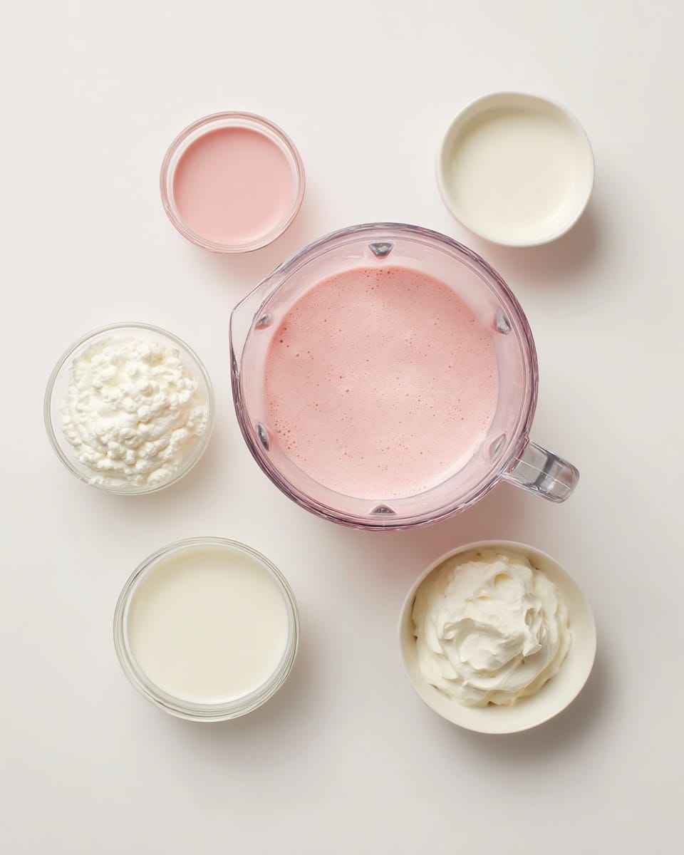 A white ice cube tray filled with a light pink liquid that has small bubbles on its surface, organized in three rows of five rectangular compartments. The tray sits on a white marbled surface. Around the tray, there are glass measuring cups and bowls containing white, clear, and off-white creamy liquids, placed scattered on the marbled surface. The scene is bright and clean with soft natural light, emphasizing the soft pastel colors and smooth textures. photo taken with an iphone --ar 4:5 --v 7