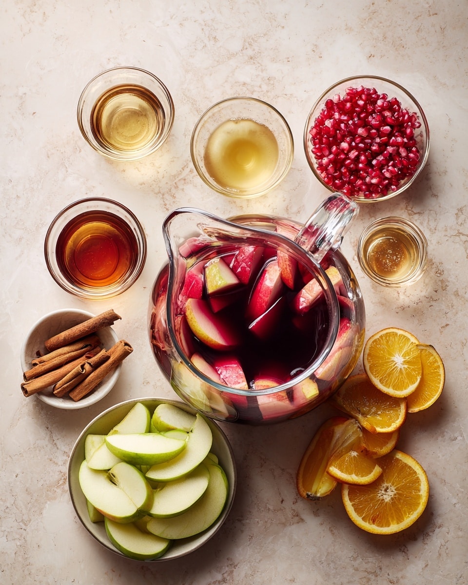 The images show a clear glass pitcher with a yellow handle on a white marbled surface, filled with layers of fruit and liquid. The first image displays light yellow apple slices floating on dark red liquid. The second image adds bright orange slices and small round red pomegranate seeds, along with a brown cinnamon stick, on top of the liquid. The third image shows a woman's hand stirring the liquid with a wooden spoon, revealing layers of green and red apple slices beneath the surface. The fourth image shows the pitcher filled with dark red liquid and a mix of yellow, red, and green apple slices floating on top. photo taken with an iphone --ar 4:5 --v 7