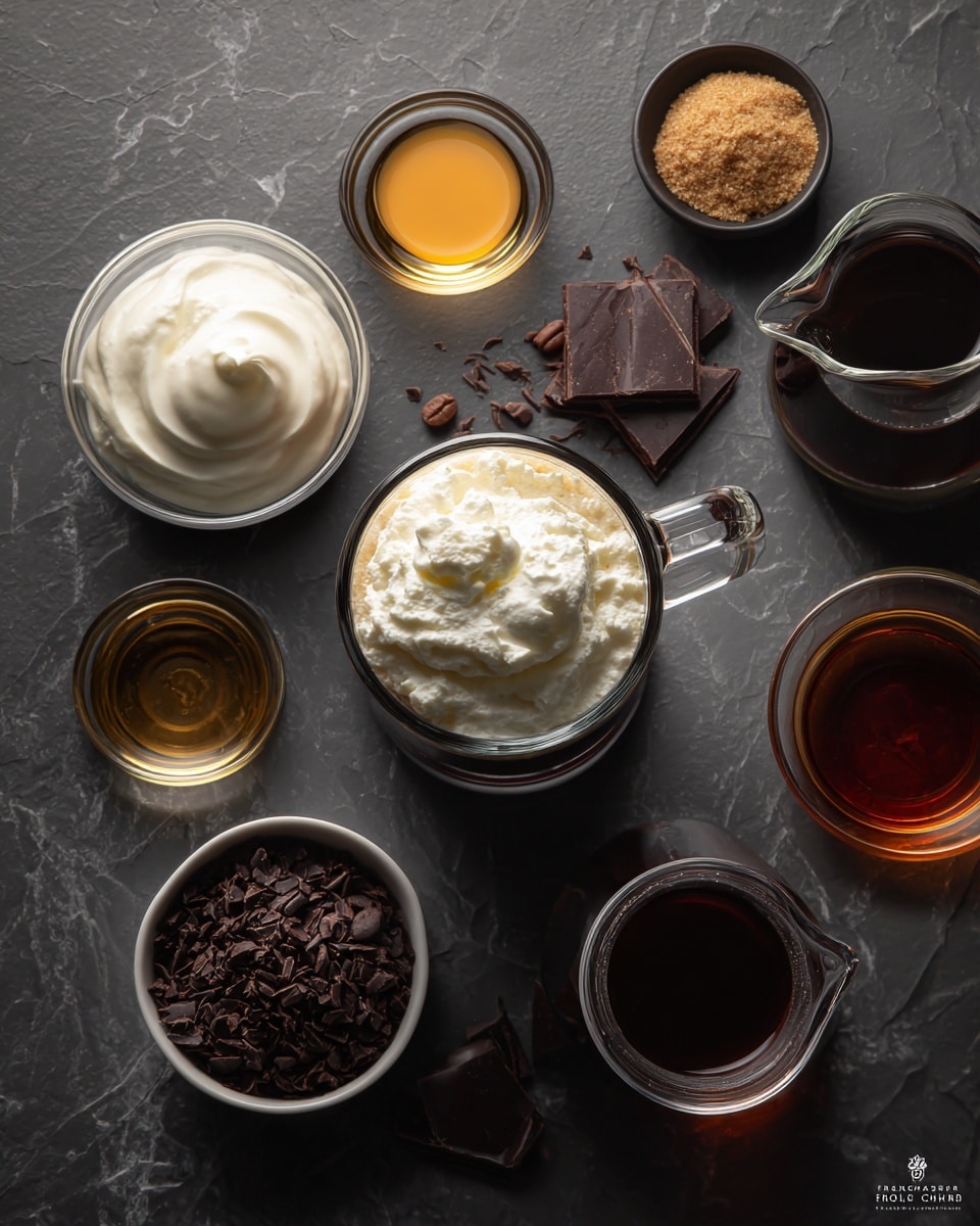 The image shows a clear glass cup with a handle, filled with a dark brown coffee layer at the bottom, topped with a thick layer of white whipped cream, and sprinkled with shavings of dark chocolate on top. The cup sits on a round wooden board placed on a white marbled surface. Around it, there is a small white bowl of whipped cream, some coffee beans scattered on the board, a piece of dark chocolate, a green bottle, and a gray cloth draped casually. Photo taken with an iphone --ar 4:5 --v 7
