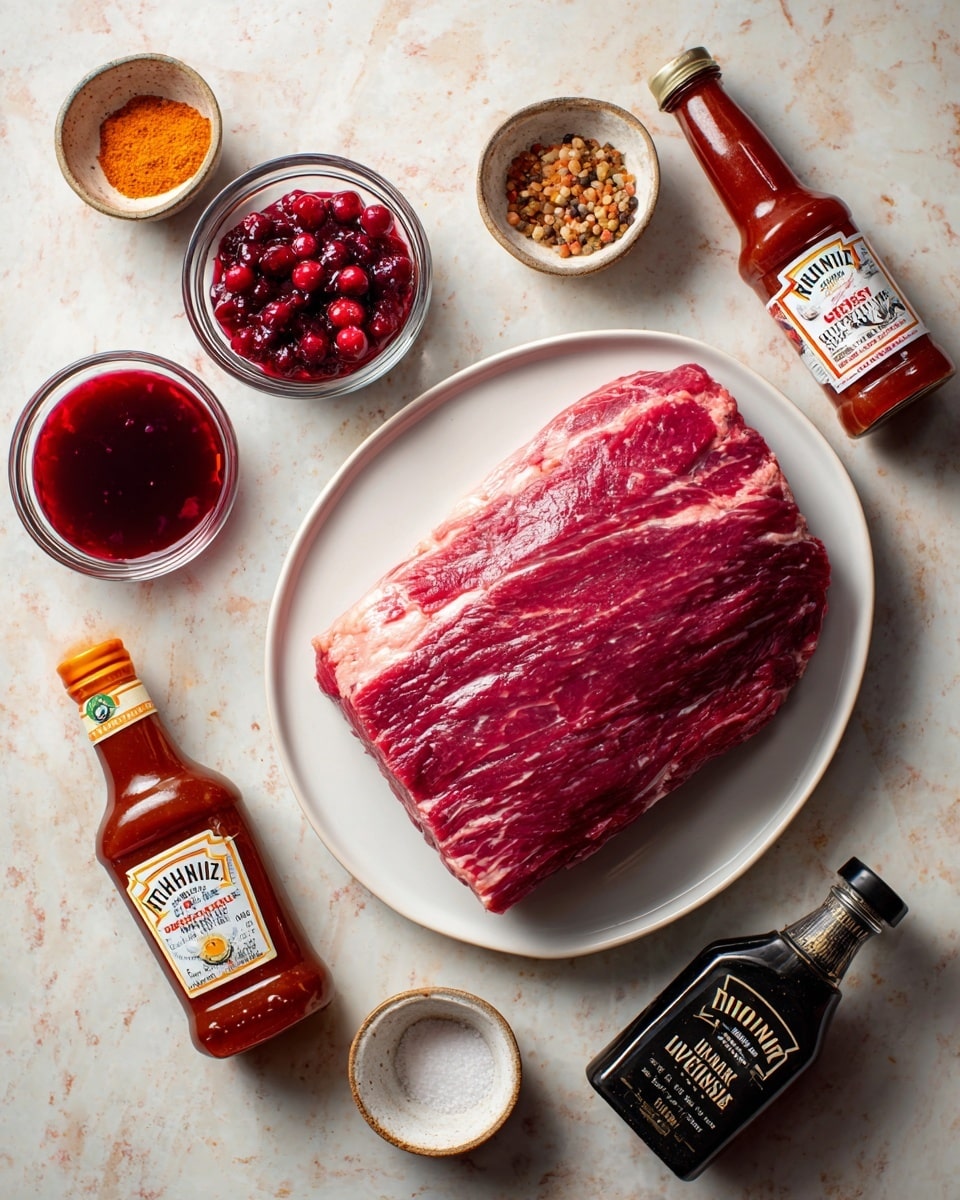 The image shows a four-part sequence of cooking process. The first part has a close-up of a woman's hand pouring a dark brown liquid into a clear bowl filled with a dark red sauce that looks thick and shiny, placed on a white marbled surface. The second part shows a piece of raw meat with reddish-brown seasoning on top, placed in a white roasting pan with a bit of oil on the bottom. The third part displays the same meat inside the white roasting pan now covered with the dark red sauce and whole berries on top, sitting in some liquid. The last part shows the cooked meat in the white roasting pan sliced into strips, surrounded by dark brown juices and small bits of cooked pieces. Photo taken with an iphone --ar 4:5 --v 7