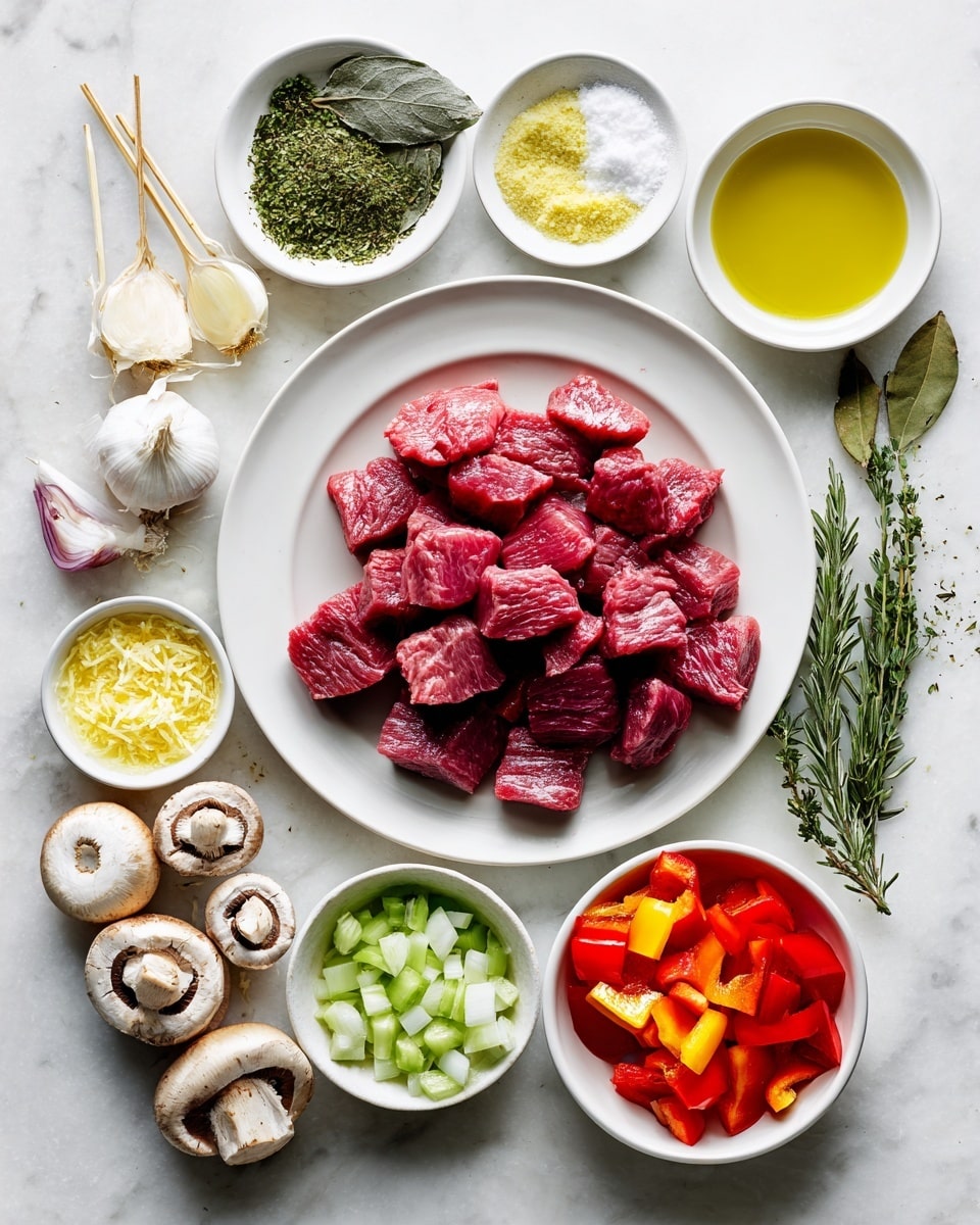 The image shows four steps of making grilled meat and vegetable kebabs on a white marbled surface. The first layer is a clear glass bowl with green herbs and oil mix, small pieces of garlic visible inside, with wooden bowls of salt and pepper, a whisk, and a sprig of rosemary nearby. The second layer is the same bowl now filled with raw cubed meat soaked in the herb and oil mixture, with sliced garlic on top, and the same nearby items. The third layer shows raw kebabs laid out on a rectangular metal baking tray, each skewer with alternating pieces of pinkish meat, whole white mushrooms, green bell peppers, red bell peppers, and red onion slices. The fourth layer shows the same tray now with grilled kebabs, where the meat is browned with grill marks, mushrooms cooked and slightly darker, and the vegetables softened but bright colored. A striped cloth is partly visible next to the tray on the white marbled surface. photo taken with an iphone --ar 4:5 --v 7