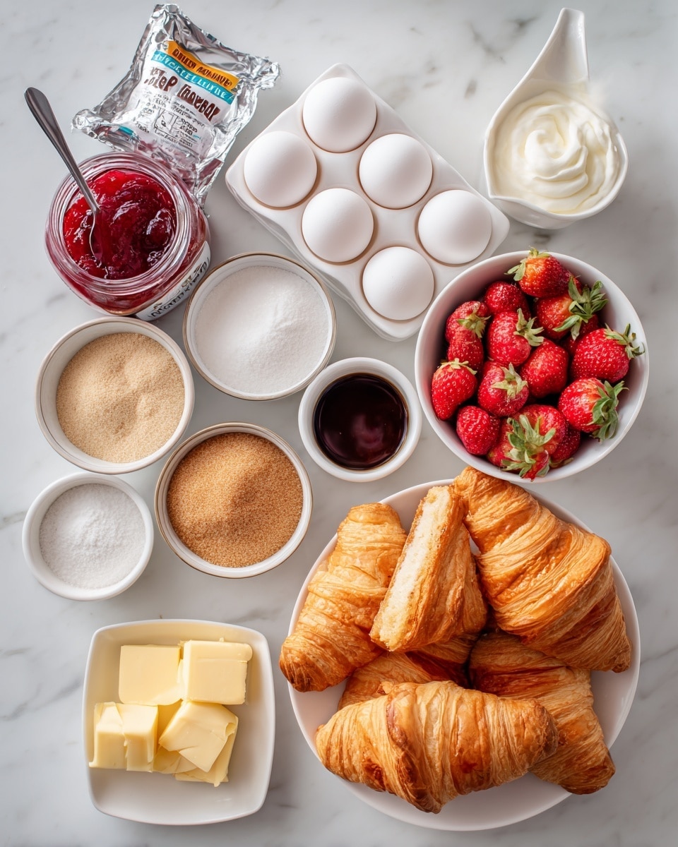 The image shows multiple small white bowls and a white bowl filled with various ingredients on a white marbled surface. In the bottom right corner, a white bowl is filled with golden brown, halved and whole croissants, showing layers of flaky, soft texture inside. Above this bowl is a white egg holder containing six white eggs. Next to the croissants, a white bowl holds bright red sliced strawberries with visible seeds and juicy texture. Other small white bowls contain light brown brown sugar, cinnamon powder, powdery white sugar, salt, and dark vanilla extract. A small white square plate holds soft yellow butter pieces. A clear measuring cup in the bottom left is filled with white milk, and nearby is a silver-wrapped Philadelphia cream cheese pack. A jar of bright red strawberry jam with a visible spoon in it is at the top left of the image. The whole setup is neat with bright lighting, emphasizing the fresh colors and textures. photo taken with an iphone --ar 4:5 --v 7