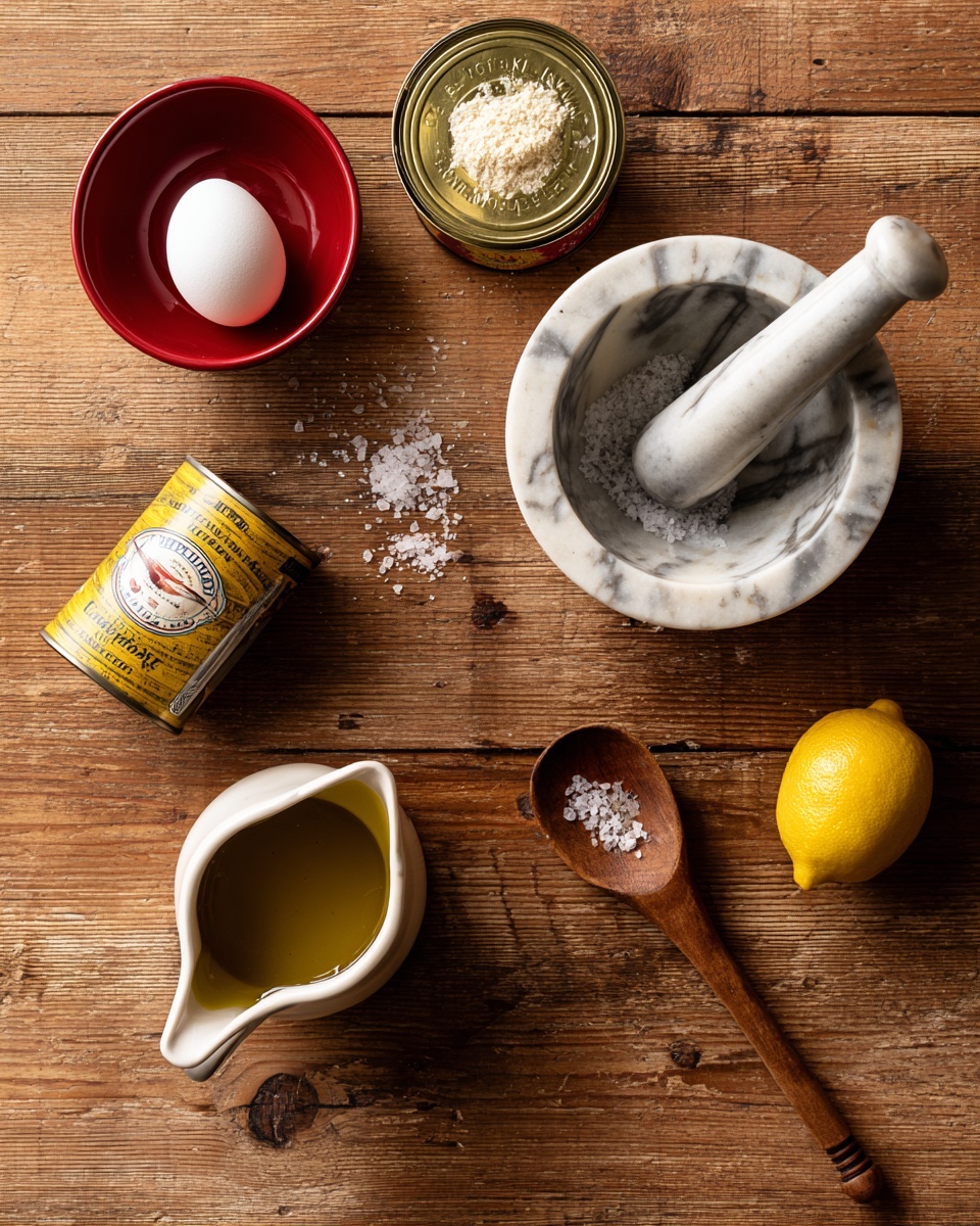 The image shows a wooden surface with a white marbled mortar and pestle on the right side, filled with a small amount of salt. Next to it, there is a small wooden spoon with a round handle. In front of the mortar is a small white pitcher with golden olive oil being poured into it. To the left, a small red bowl holds a whole white egg. Above it, there is a small round cup filled with a white grainy substance, likely cheese. Nearby, a closed yellow can of anchovies is placed beside a whole lemon and a plastic bottle of creamy mustard. The overall arrangement looks like ingredients ready for making a sauce or dressing, photo taken with an iphone --ar 4:5 --v 7