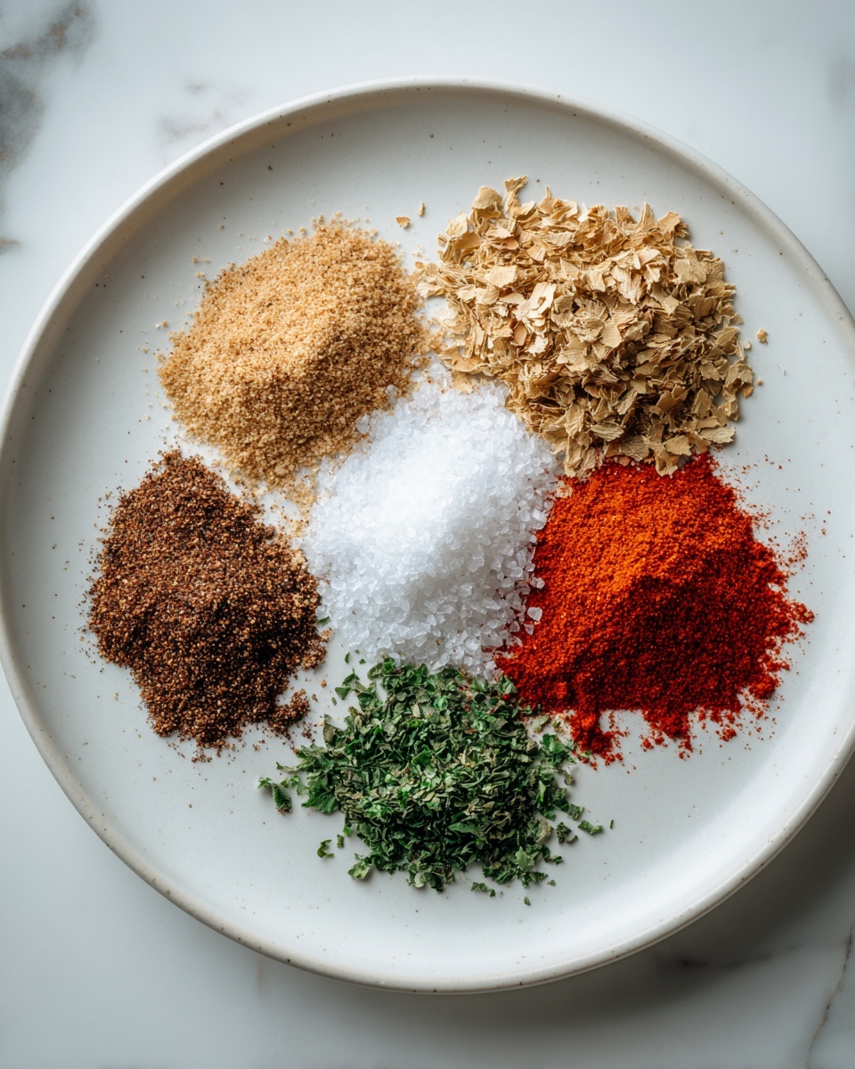 A white plate with six small piles of spices arranged loosely in a circular pattern on a white marbled surface. At the top is a pile of light brown dried herb flakes, below it to the right is a small mound of white salt crystals. Below the salt is a bright red spice, and to its left is a mound of orange-red spice, both finely ground. To the left of the red spices is a pile of finely chopped green herbs with a rough texture. Above the green herbs, on the left edge of the circle, is a pile of dark brown spice with a granulated texture. Photo taken with an iphone --ar 4:5 --v 7