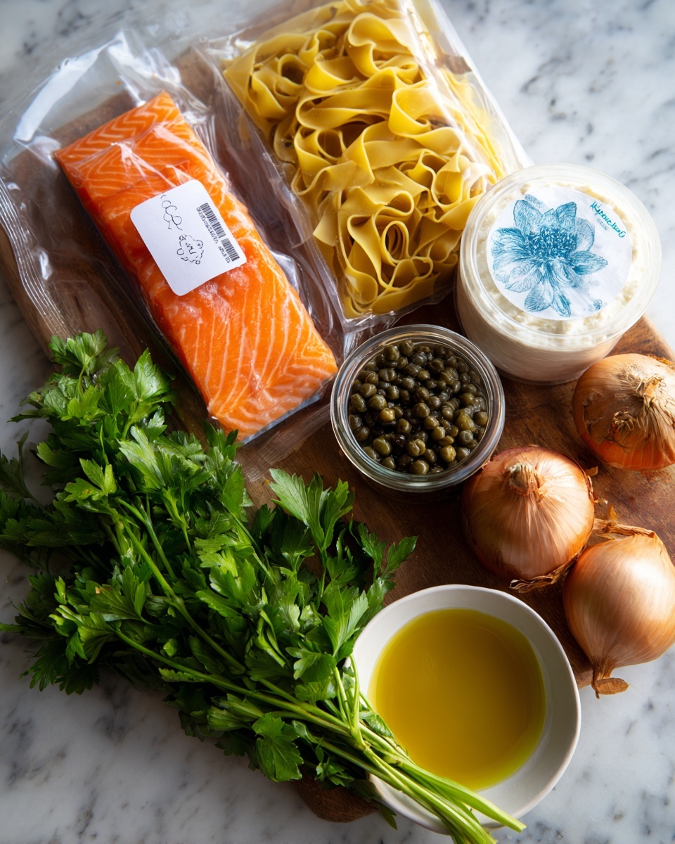 A wooden board holds fresh ingredients on a white marbled surface, including a vacuum-sealed piece of bright orange salmon fillet with a white label, two bags of pale yellow pappardelle pasta in the back, and a round white container of crème fraîche with blue decoration on the right. In front, there is a small glass jar filled with dark green capers in liquid, two whole brown shallots with a smooth texture, a bunch of bright green parsley with leafy stems spread widely, and a small white bowl filled with golden olive oil positioned at the bottom right. The arrangement is casual, showing freshness and variety. Photo taken with an iphone --ar 4:5 --v 7