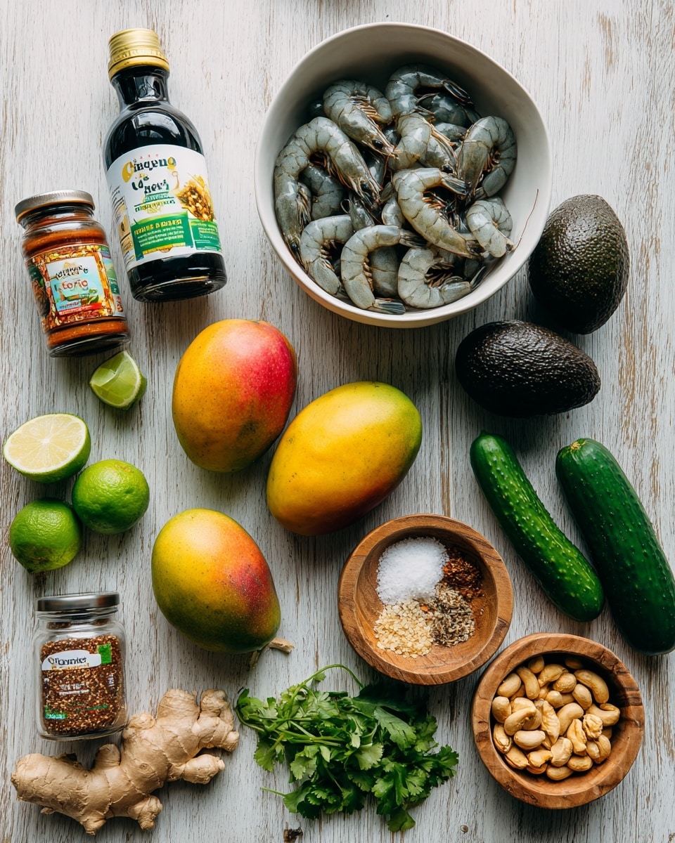 The image shows a flat lay of fresh and colorful ingredients on a light wooden surface with a white marbled texture. In the upper right, a white bowl holds raw grey shrimp. Two dark green avocados with rough skin sit near the center. There are two ripe mangoes with yellow, orange, and red hues placed side by side. Bright green limes and fresh ginger root with a light brown rough texture are also visible. Fresh green cilantro leaves and three small dark green cucumbers are near the bottom right. A small wooden bowl holds coarse salt and pepper mix. Plastic containers hold roasted peanuts and several spice jars with red chili powder, smoked paprika, and cayenne pepper. There is also a bottle of organic blue agave syrup and a little packet labeled regional seasoning. Photo taken with an iphone --ar 4:5 --v 7