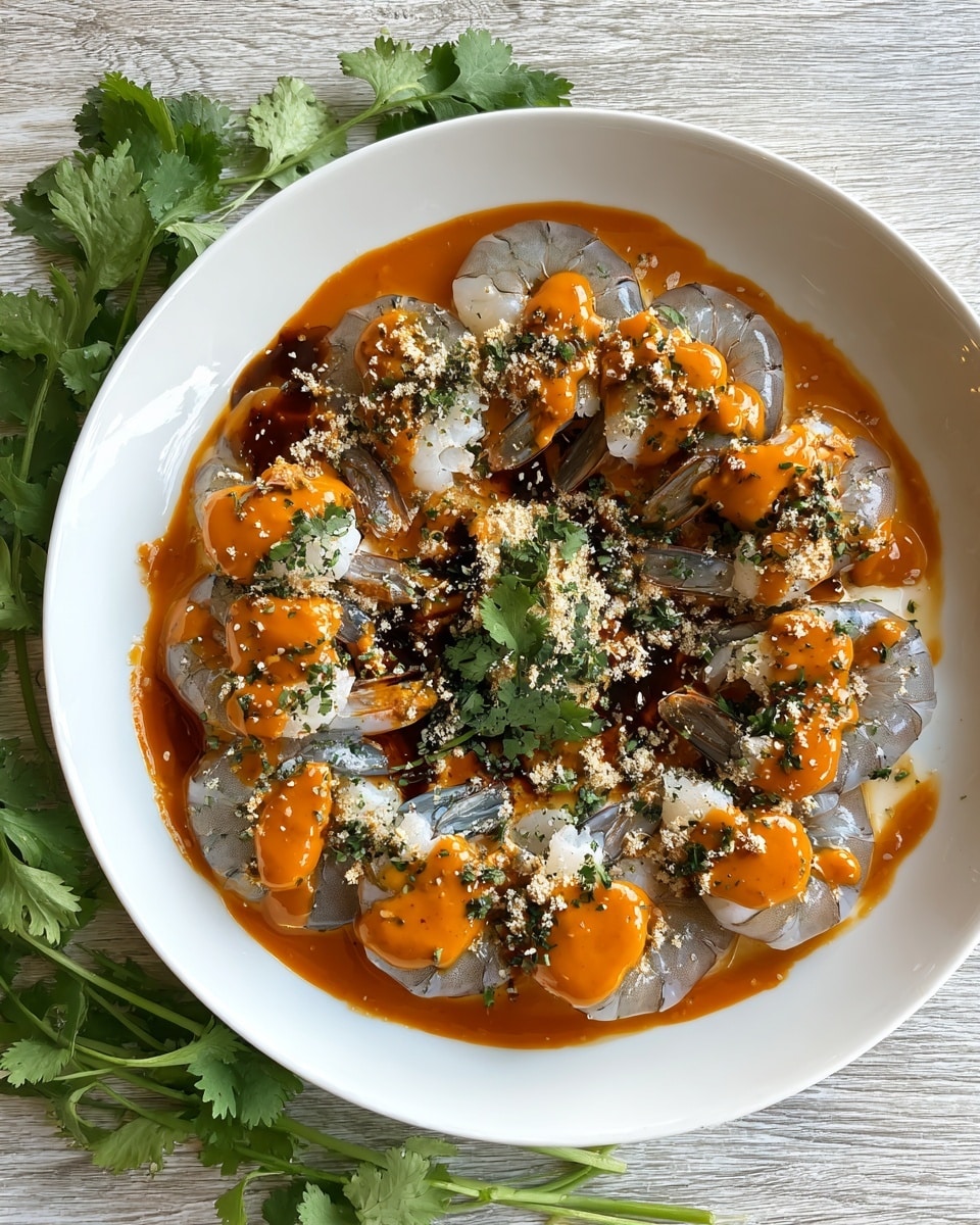 A white bowl filled with a single layer of grey raw shrimp arranged in a circle, topped in the center with uneven dollops of bright orange sauce and dark brown sauce, sprinkled with white and greenish powder seasoning. The bowl sits on a light wood surface with fresh green cilantro leaves placed at the bottom left. Photo taken with an iphone --ar 4:5 --v 7