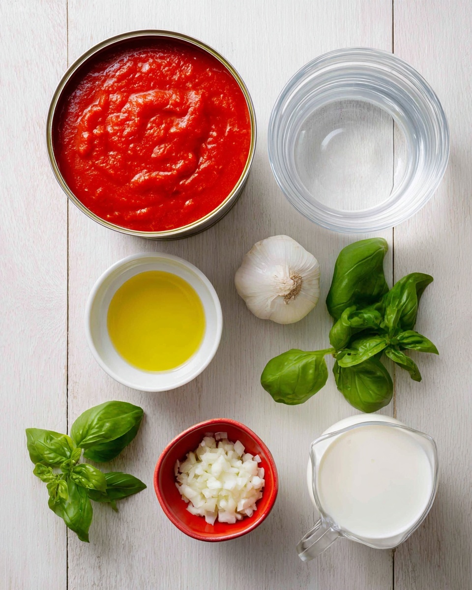 The image shows six ingredients placed neatly on a light wood surface: a large open can filled with bright red tomato sauce on the top left, a clear glass bowl with clear water on the top right, a small white bowl with yellow olive oil on the bottom left, a small white bowl turned into red holding chopped white garlic in the center, fresh green basil leaves along with a single whole garlic clove below the small bowls, and a measuring cup with white cream or milk on the bottom right. The setting is clean and simple with no extra items. photo taken with an iphone --ar 4:5 --v 7