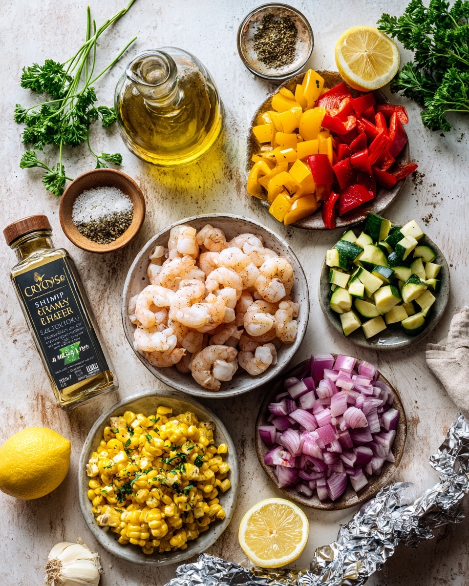 The image shows four foil packets filled with cooked shrimp and mixed vegetables arranged neatly on a white marbled surface. Each packet holds about three to four pink shrimp with seasoning, layered on a colorful mix of yellow squash, red and green bell peppers, red onions, cherry tomatoes, and yellow corn kernels. Small pieces of green herbs are sprinkled on top, adding freshness. Each packet also includes a wedge of yellow lemon placed at the edge, enhancing the look. The foil is crinkled around the edges, creating a shiny silver frame for the vibrant food inside. Photo taken with an iphone --ar 4:5 --v 7