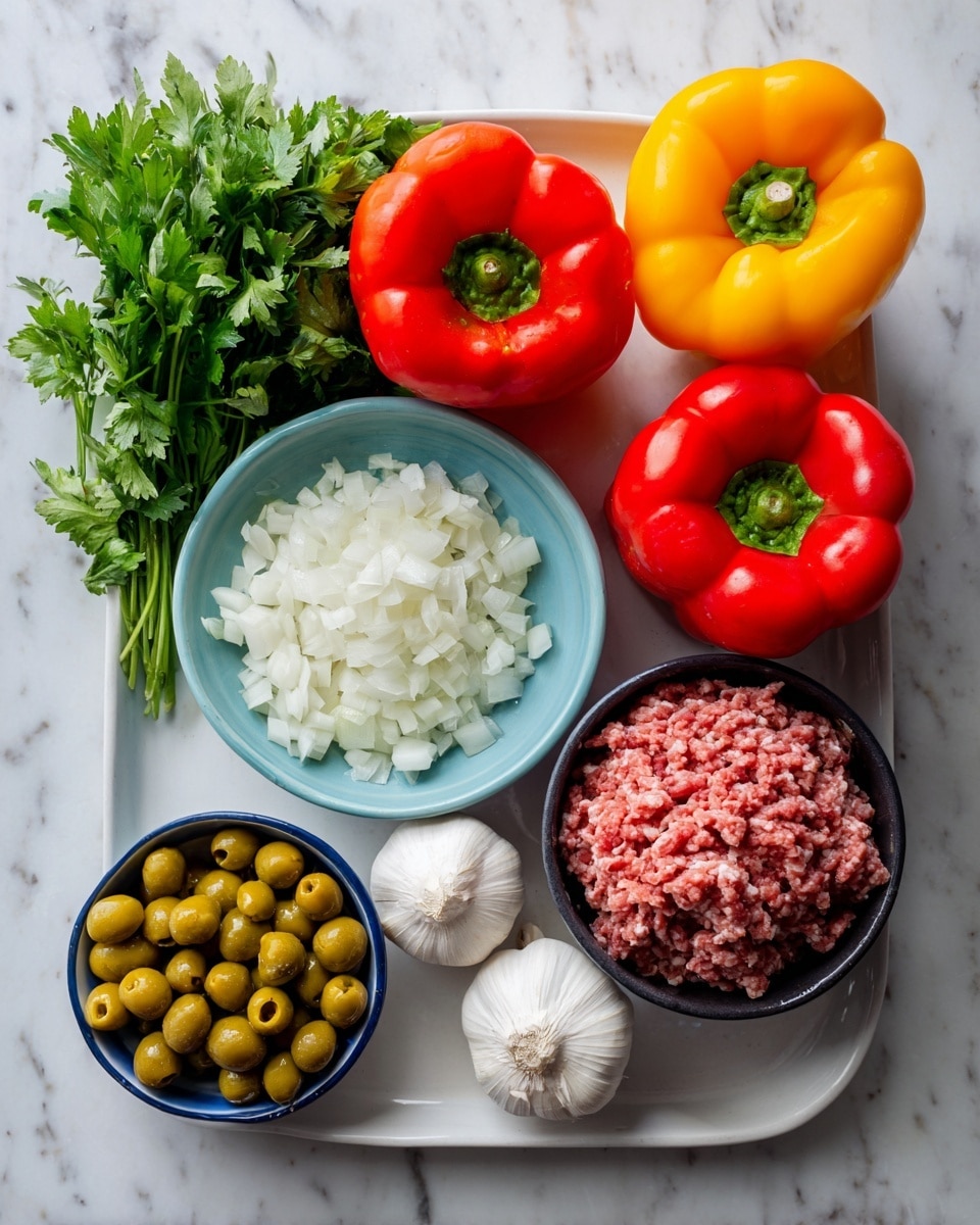 A large white plate with a mix of cooking ingredients arranged in groups: two whole red bell peppers and one yellow bell pepper at the top right; a black bowl filled with raw ground meat to the far right; a light blue bowl at the center filled with chopped white onions; a small blue bowl with minced garlic above the onions; a bunch of green leafy cilantro on the left side; a pile of green olives with pimentos near the bottom left; and two whole white garlic bulbs near the bottom right, all placed on a white marbled surface photo taken with an iphone --ar 4:5 --v 7