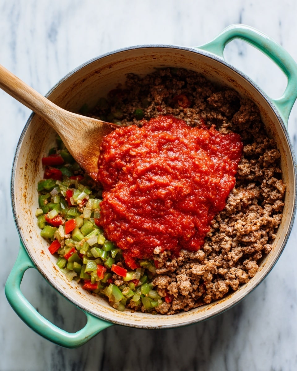A large teal pot filled with cooked ground meat mixed with diced green and red bell peppers forms the base layer, showing a slightly oily texture. On top in the center is a thick layer of bright red tomato sauce with a smooth texture. A wooden spoon rests on the left side of the pot, partially in the food. The pot sits on a white marbled surface. photo taken with an iphone --ar 4:5 --v 7