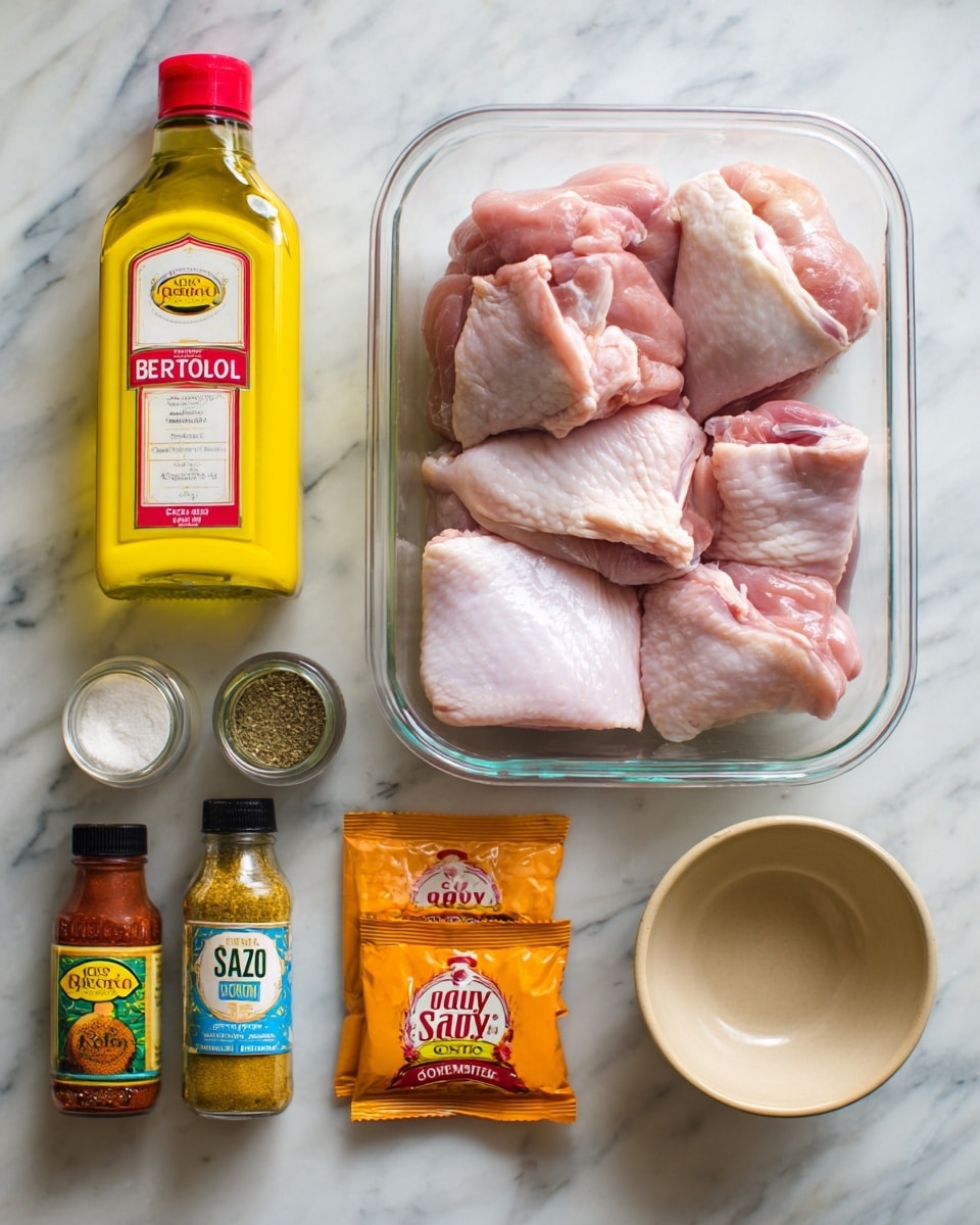 The image shows raw chicken thighs in a clear plastic container with pale pink meat and white fat edges, surrounded by cooking ingredients arranged on a white marbled surface. To the left is a yellow bottle of Bertolli cooking olive oil with a red and white label. Below the chicken, three small spice containers stand in a row: one with white garlic powder, next is a light brown ground cumin, and the last is dried oregano leaves in green-colored lid jars. Above these spices is a yellow and blue bottle labeled Goya Adobo all-purpose seasoning. To the right of the chicken is a bottle of Sweet Baby Ray's barbecue sauce with a white and red label, golden brown sauce visible through the plastic bottle. Below that are two orange packets of Sazón Goya seasoning. At the far right is a small simple beige bowl. The photo taken with an iphone --ar 4:5 --v 7