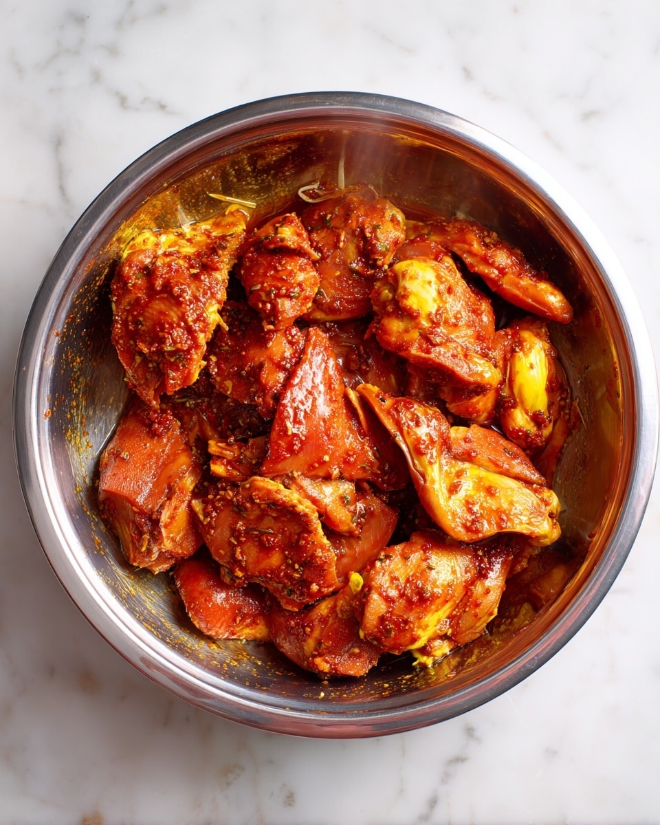 Inside a large silver metal bowl, there are many pieces of raw chicken soaked in a thick reddish-brown sauce with visible herbs and spices. The chicken pieces are uneven in size and covered evenly with the sauce, giving a shiny and moist look. Some yellow parts of the chicken skin are visible beneath the sauce, and the inside of the bowl shows streaks of the same sauce, enhancing the rich, marinated texture. The bowl is set on a white marbled surface, and steam can be seen rising slightly from the mixture, indicating warmth. photo taken with an iphone --ar 4:5 --v 7