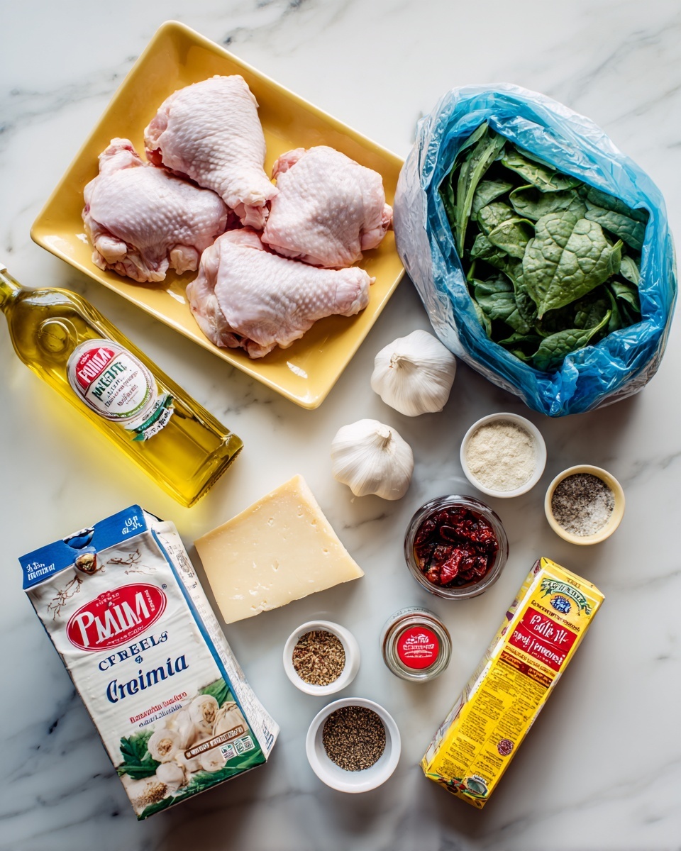 The image shows an assortment of cooking ingredients neatly arranged on a white marbled surface. At the top center, there is a yellow tray with four raw pink chicken thighs. To the right is a large blue and white bag filled with fresh green spinach leaves. On the left side, a tall clear bottle of yellow cooking olive oil stands upright alongside a carton of heavy whipping cream with a red and white label at the bottom left corner. In the middle, a wedge of pale yellow Parmesan cheese with a green, white, and red label leans against a small jar of dark red sun-dried tomatoes in oil. Below these, a whole white garlic bulb sits next to a jar of yellow chicken broth base and two small seasoning containers with red lids—one containing Italian seasoning and the other crushed red pepper. At the bottom right, a stick of golden butter with red and yellow packaging lies next to two small white bowls, one filled with black pepper and the other with white salt. The photo taken with an iphone --ar 4:5 --v 7