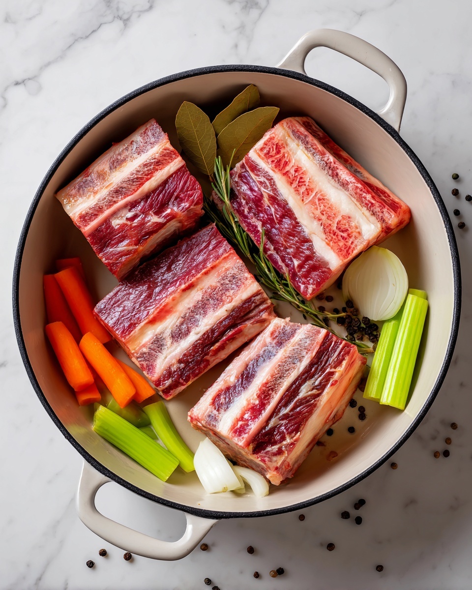 A white pot with a black rim contains four large pieces of raw beef ribs with red and pink meat and white fat layers. Around the ribs, there are chunks of bright orange carrot, green celery sticks, and white onion halves placed evenly. Also, three light brown dried bay leaves and small black peppercorns are scattered on the bottom. The pot is on a white marbled surface photo taken with an iphone --ar 4:5 --v 7