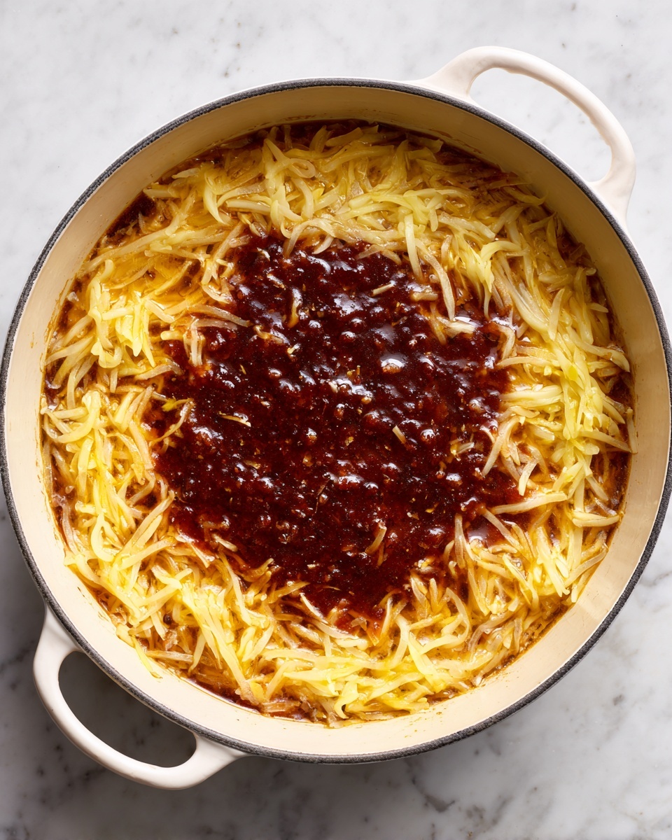 A close-up top view of a large white pot filled with a dish that has two main layers: a deep reddish-brown thick sauce or paste in the center with a glossy texture, surrounded by a pale yellow shredded layer of cooked vegetables or noodles that fill the rest of the pot, showing some bubbling liquid and oily sheen near the edges, all placed on a white marbled surface photo taken with an iphone --ar 4:5 --v 7