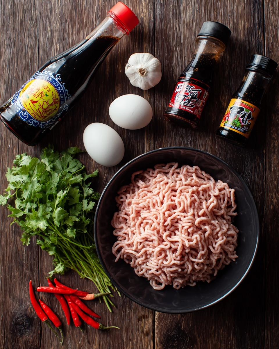 The image shows a collection of ingredients arranged on a dark wooden surface. In the center is a black bowl filled with pale pink ground meat with a soft, squiggly texture. To the left, there is a bottle of soy sauce with a red cap and a label featuring blue and yellow designs. In front of the bowl, two white eggs rest side by side, next to a bunch of fresh green leafy herbs. In the lower left corner, several small bright red chili peppers and one white garlic bulb are scattered. To the right of the bowl, there are two bottles of dark sauces with black caps and colorful labels. The entire scene is viewed from above. Photo taken with an iphone --ar 4:5 --v 7