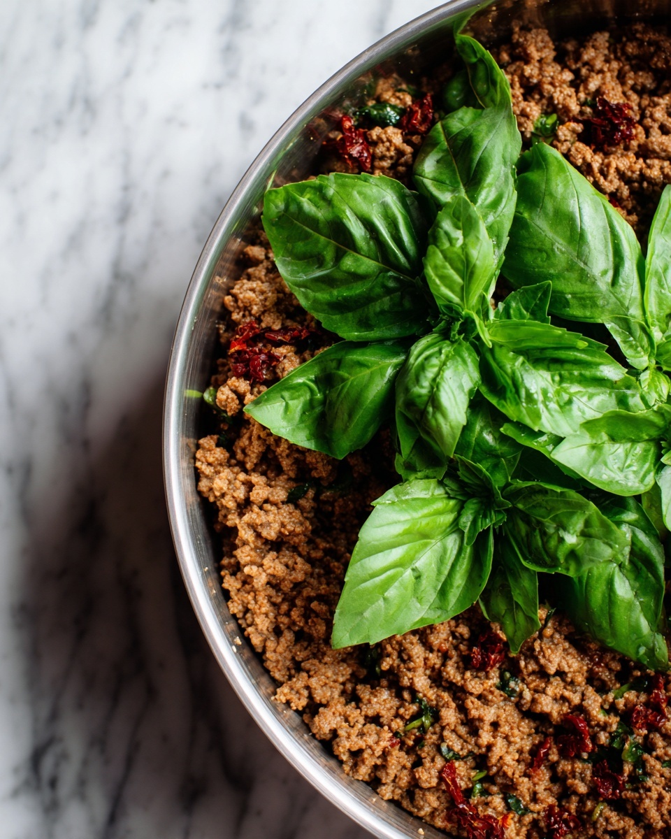 The image shows a close-up of a pan with two clear layers. The bottom layer is cooked ground meat mixed with small red bits, giving it a brown and reddish texture. On top, fresh bright green basil leaves with visible veins cover part of the meat, adding a fresh and leafy texture. The background is a white marbled surface. photo taken with an iphone --ar 4:5 --v 7
