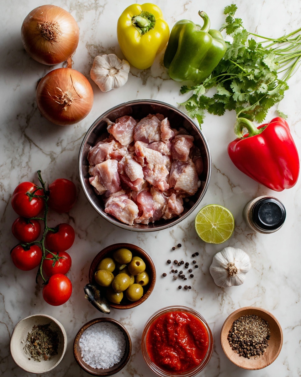 The image shows fresh ingredients arranged on a white marbled surface. In the top center, there is a large metal bowl filled with raw chicken pieces. Around the bowl, from top left to bottom right, are a whole brown onion, a green bell pepper, a yellow bell pepper, a bunch of fresh cilantro, a cluster of three red tomatoes on a vine, a bowl with red tomato paste, a head of garlic, a red bell pepper, a bowl of green olives, two whole limes, a small bowl with mixed spices, a black jar of seasoning, scattered black peppercorns, and a small wooden bowl of salt. The colors are vibrant with the reds, greens, yellows, and browns contrasting against the white marble background photo taken with an iphone --ar 4:5 --v 7