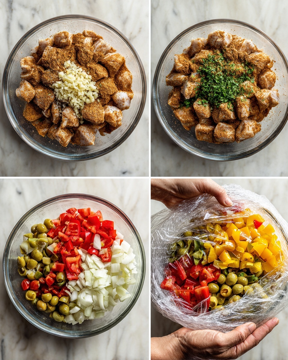 A clear glass round bowl sits on a white marbled surface filled with raw chicken pieces covered in a dry, coarse brown spice mix, arranged in a circle. In the second layer, minced garlic and chopped fresh green herbs are added on top of the chicken pieces, mainly in the center area. The third image shows a colorful layer of diced red tomatoes, green, red, and yellow bell peppers, white onions, and whole green olives piled high in the same clear bowl, covering the chicken below. The final image displays a woman's hands holding the bowl covered with clear plastic wrap, showing the mixed layers of raw chicken, spices, herbs, vegetables, and olives inside. Photo taken with an iphone --ar 4:5 --v 7